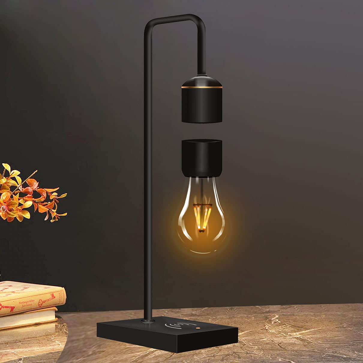 MODIRNATION Modern Levitating Lamp with Floating Light Bulb - Qi Wireless Charger, Minimalist Night Light for Bedroom & Office Decor (Black) | Perfect Gift for Home, Tech Lovers & Modern Interior Design