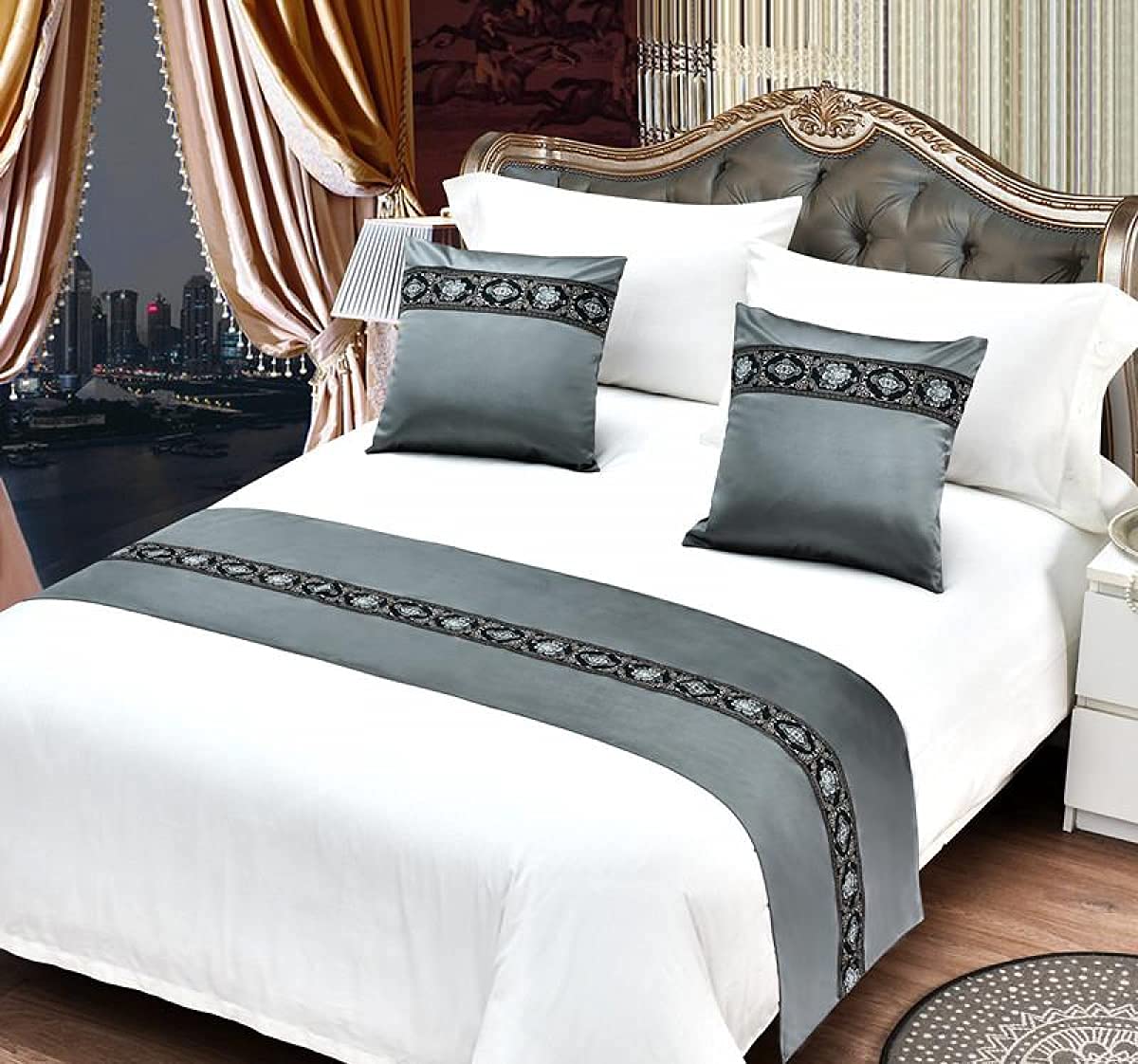 Luxury Satin Jacquard Bedspread Set - King Queen Twin Size Hotel Style Bed Cover with Decorative Runners & Scarves - Perfect for Bedroom Decor, Wedding, and Guest Room Styling