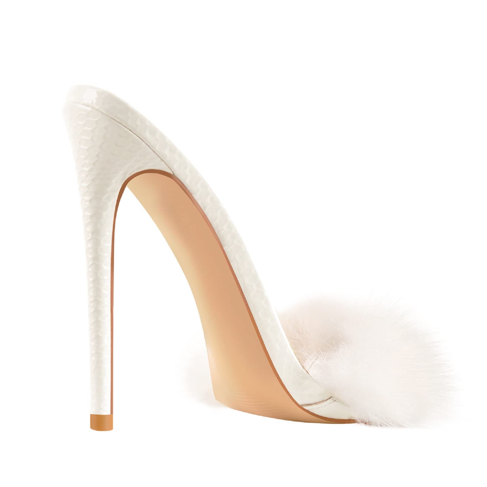 Richealnana Women's Fuzzy Fur Mules Slip-On High Heel Sandals - Comfortable House Slippers & Fashionable Lounge Shoes for Women