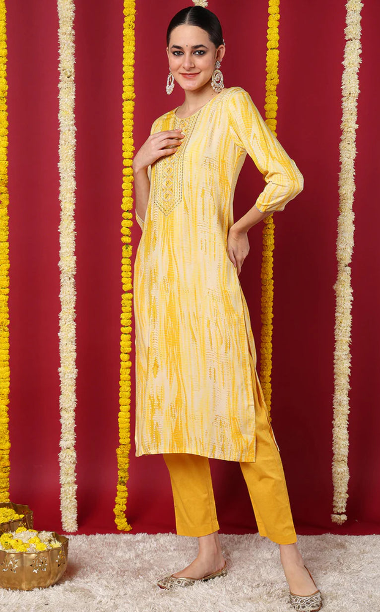 Stylish Yellow Viscose Rayon Abstract Printed Straight Kurta for Women - Comfortable Ethnic Wear for Festivals, Parties & Casual Outings