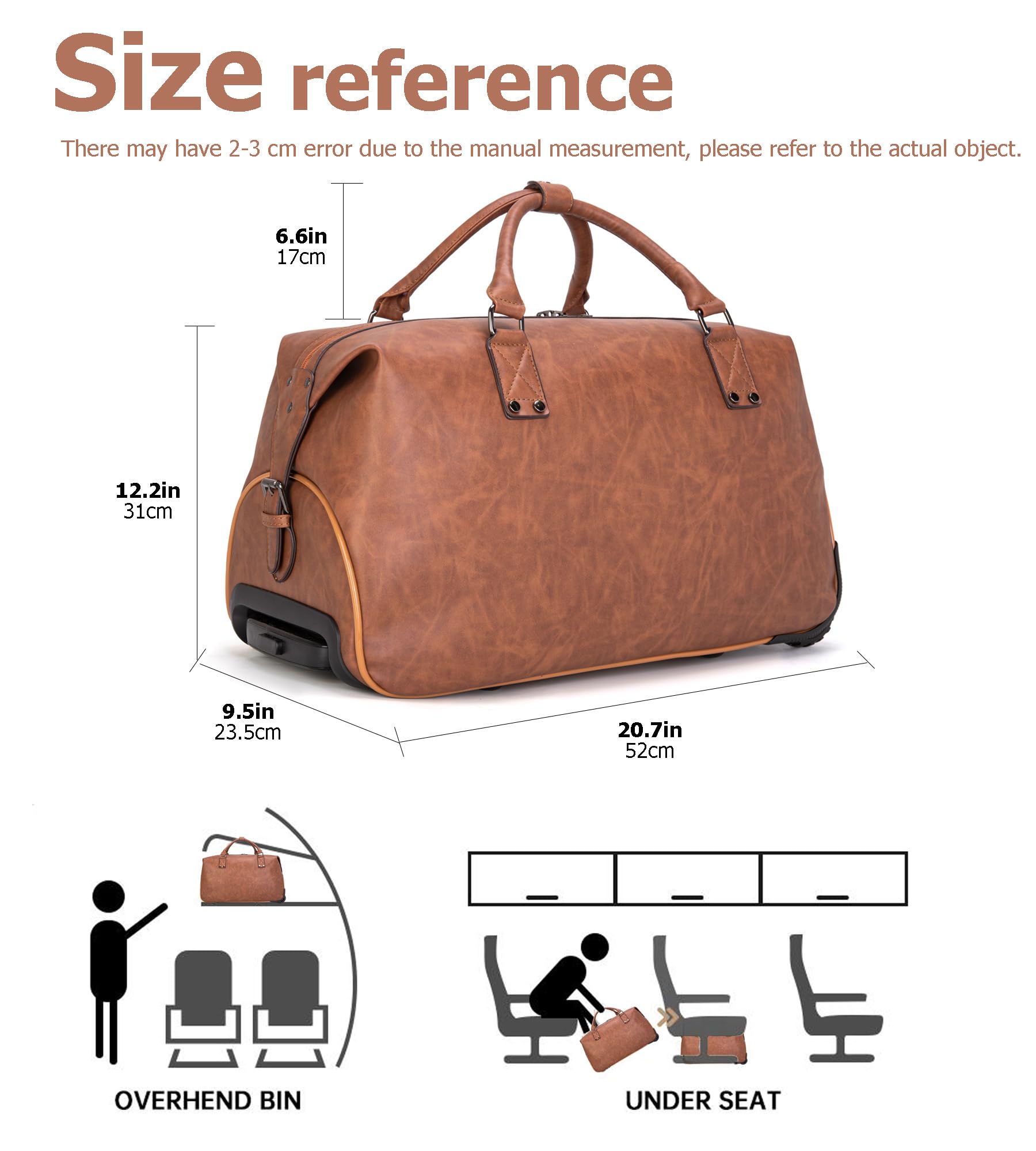 Premium Leather Travel Duffel Bag with Wheels - Waterproof Unisex Weekender & Toiletry Carry-On Suitcase for Overnight Trips (Brown) | Business Travel, Gym Bag, Weekend Getaways & Airplane Luggage