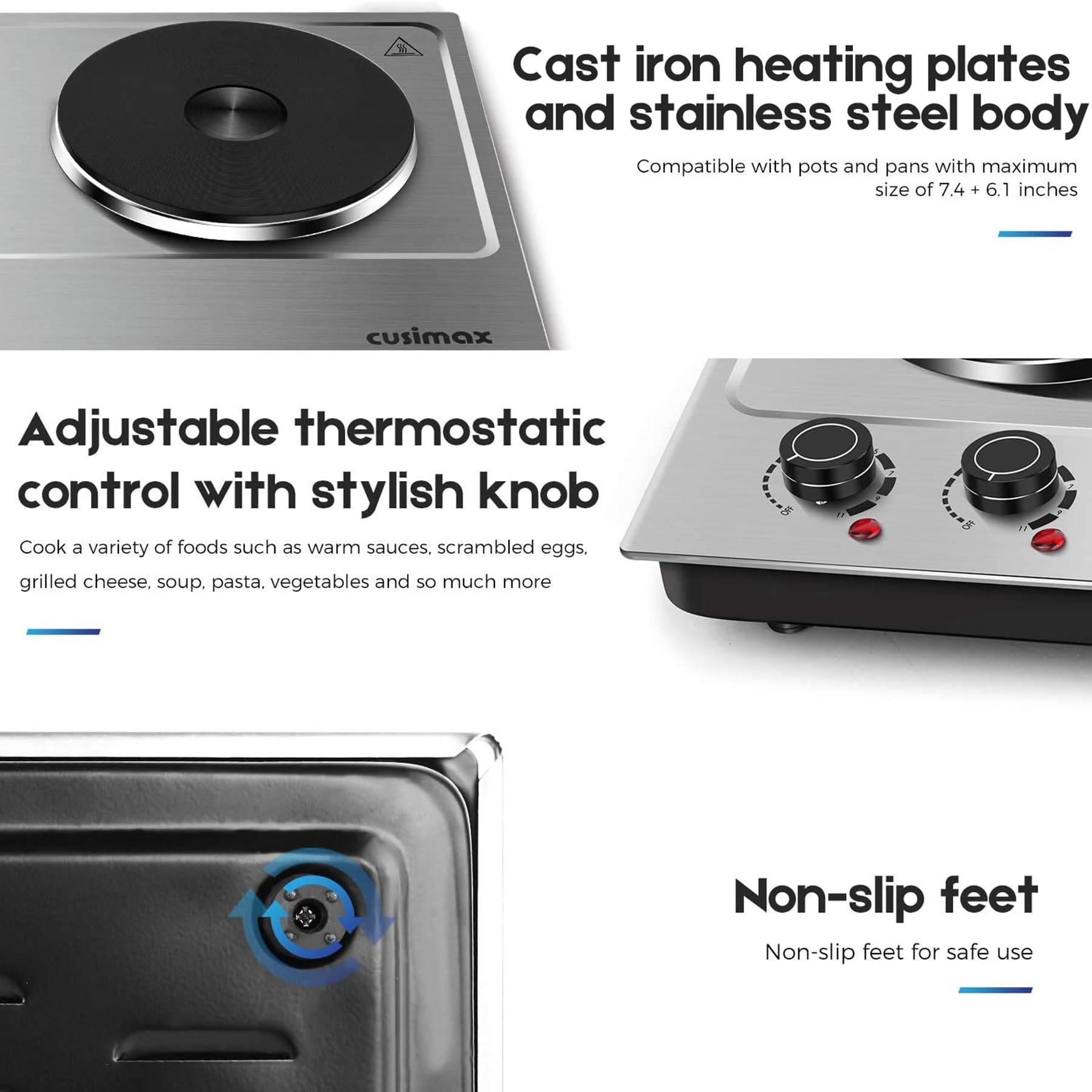 CUSIMAX 1800W Double Burner Electric Hot Plate - Stainless Steel Portable Cooktop with Cast Iron Heating Plates | Easy Clean Countertop Burner for Home, Office & Camping Cooking | Upgraded Version C180N