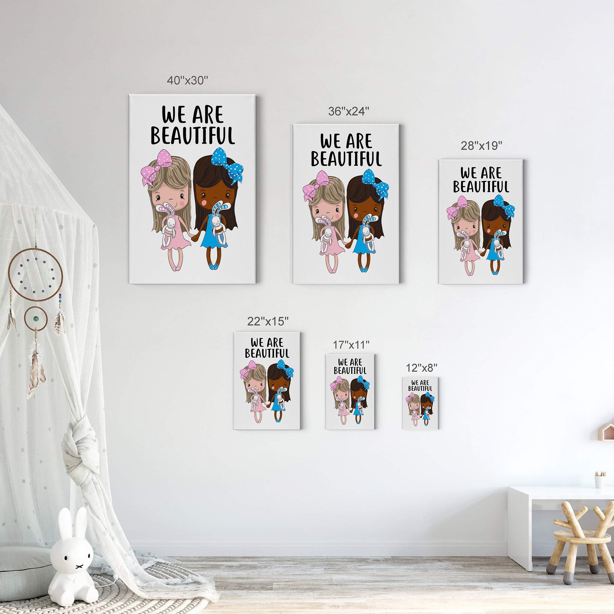 Smile Art Design Cute Blonde and African American Girl Friendship Canvas Wall Art Print - 36x24 Inches Ready to Hang, Nursery Decor, Kids Room Decor, Baby Room Wall Art - Perfect for Children's Bedrooms, Playrooms, and Gift Giving