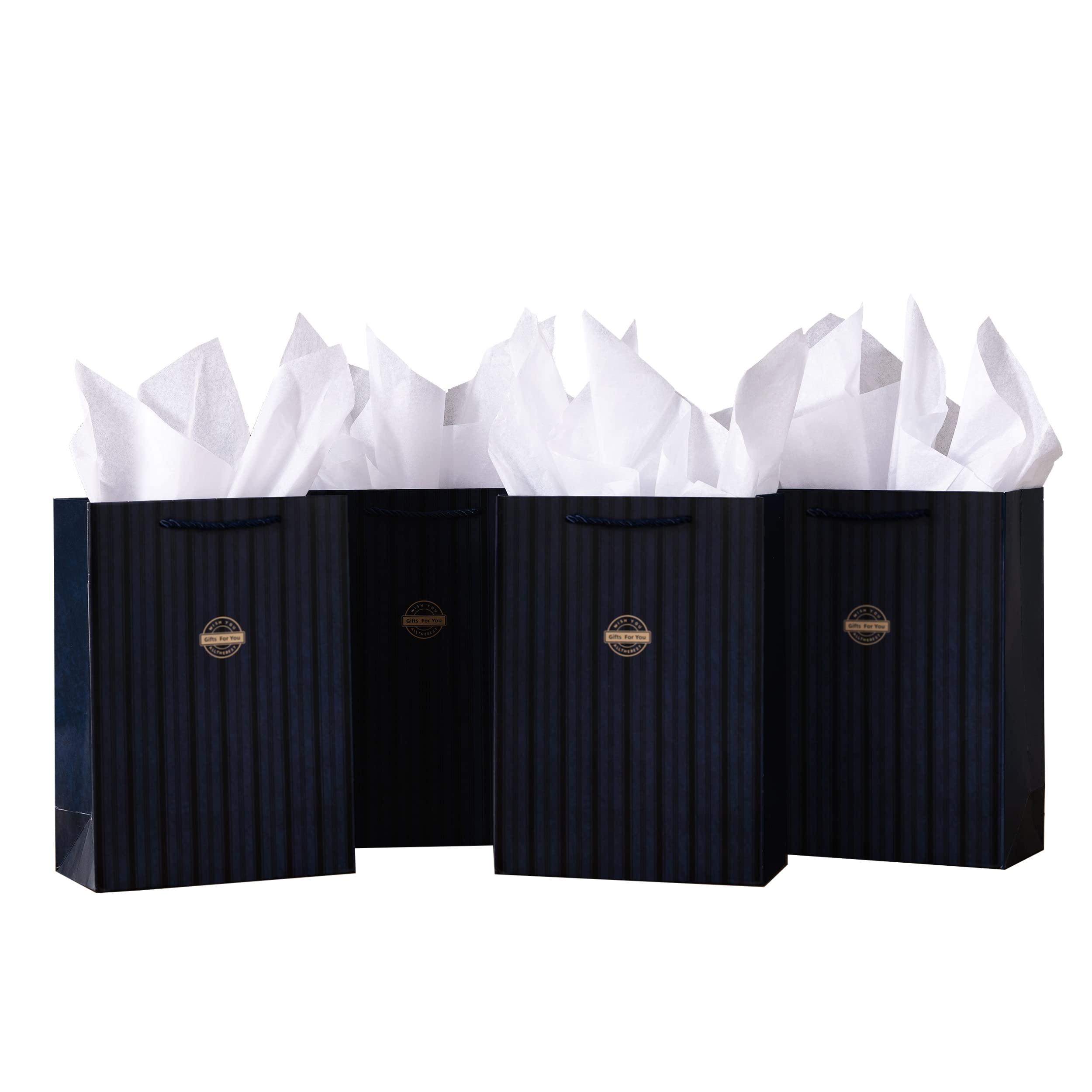 10 Pack Navy Blue Striped Gift Bags with Tissue Paper - 8x4x11 Kraft Paper Bags with Handles - Groomsmen & Men's Gift Bags Bulk - Perfect for Weddings, Birthdays & Party Favors