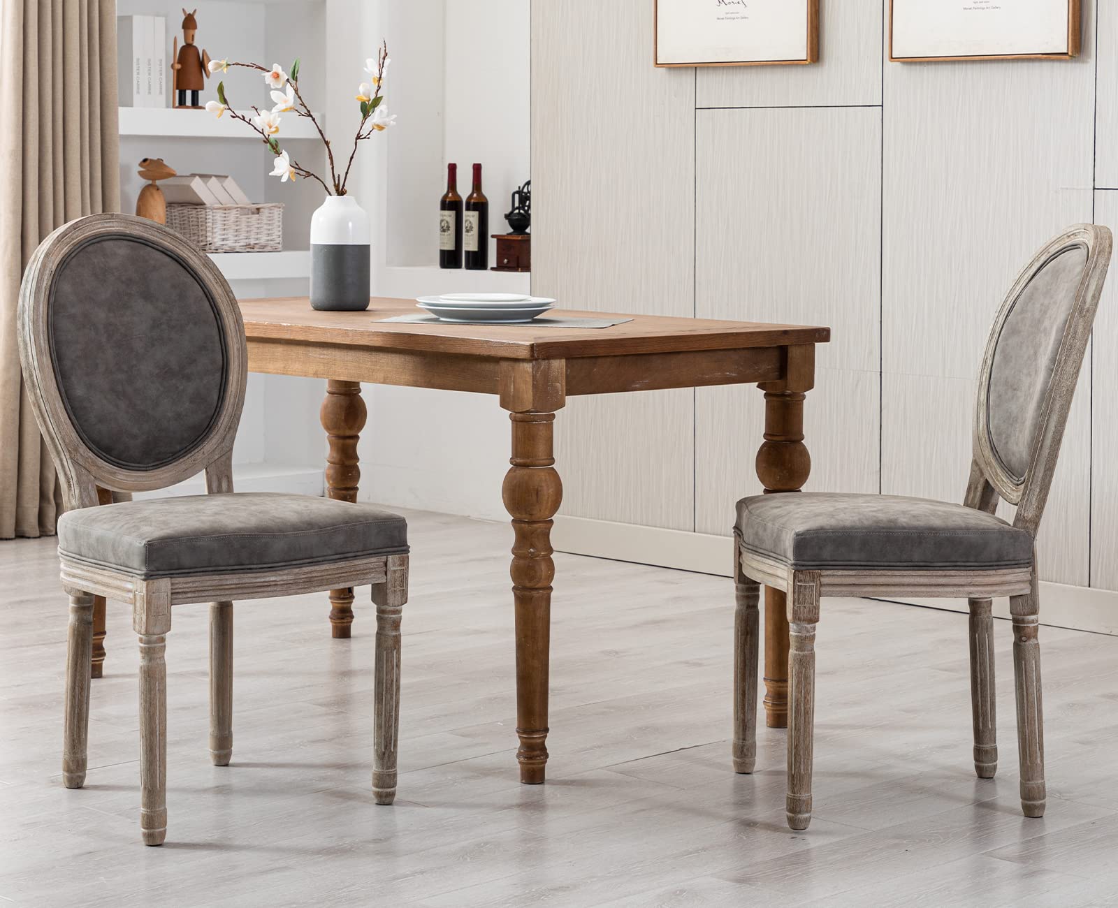 Kmax PU Leather Dining Chairs Set of 2 - French Farmhouse Style Round Back Kitchen & Living Room Chairs in Grey - Perfect for Home Decor, Restaurant, and Cafe Seating