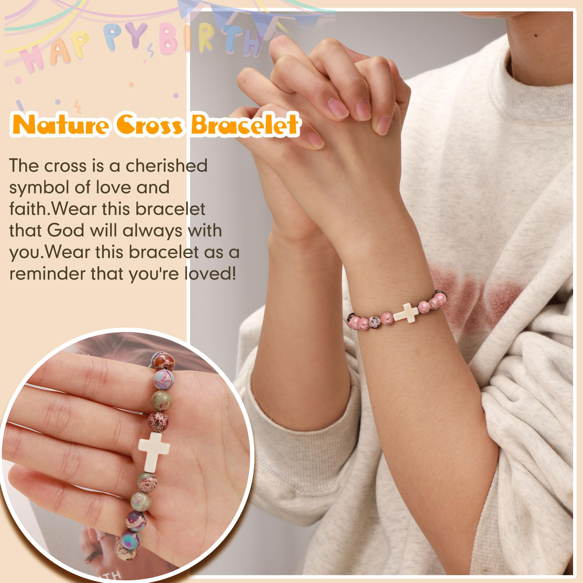 JSJOY Natural Stone Beaded Bracelet - Birthday Gift for Women & Girls Age 6-80, Christian Cross Jewelry for Daughter, Granddaughter, Niece, Mom & Sister - Perfect for Easter, Mother's Day & Everyday Wear