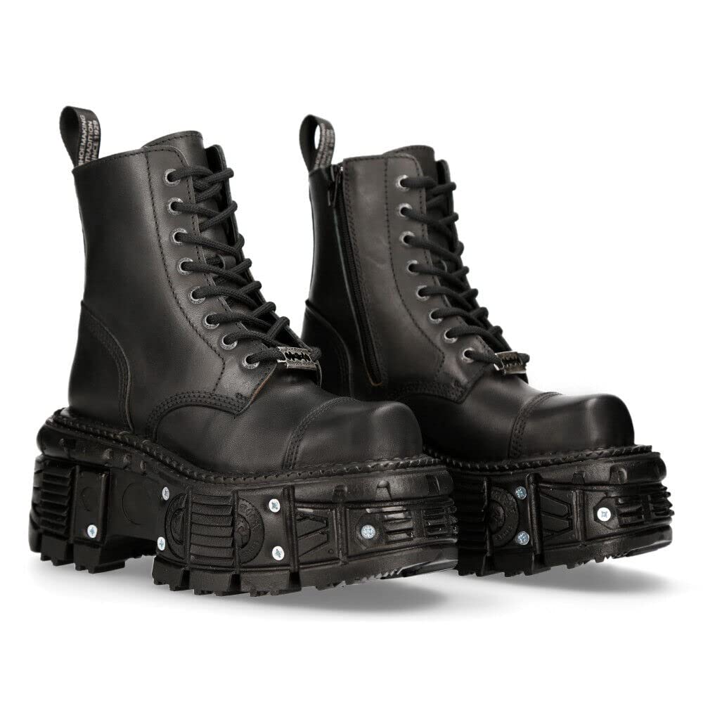 New Rock Women's TANK083-C1 Genuine Leather Combat Boots - Black Platform Biker Military Shoes for Women | Perfect for Motorcycle Riding, Punk Fashion & Outdoor Adventures