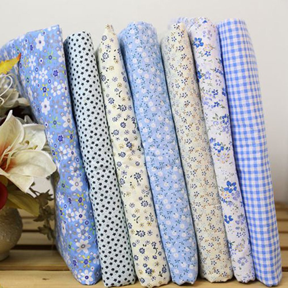 7Pcs Cotton Fabric Flower Polka Dot Patchwork Bundle - DIY Quilting, Sewing & Craft Supplies for Home Decor - Blue Floral Fabric for Bedding, Curtains, Pillows & Scrapbooking Projects