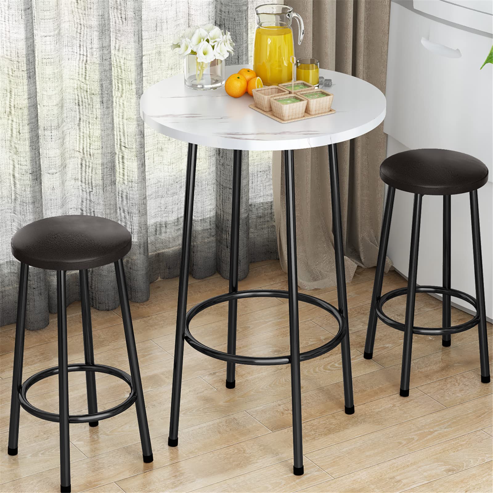 Recaceik 23.6” Round Pub Dining Table Set with 2 Stools - 3-Piece Metal Frame Breakfast Bar Table for Kitchen & Dining Room - White | Perfect for Small Spaces, Apartments & Breakfast Nooks