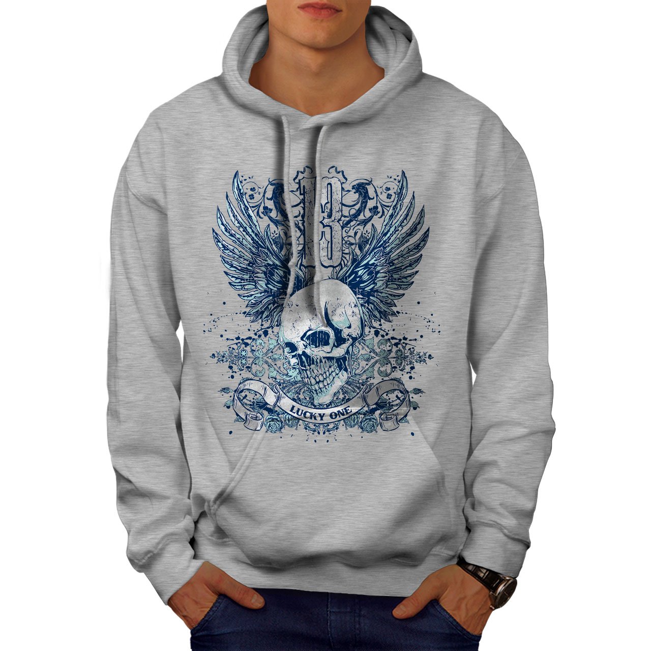 Wellcoda Lucky Thirteen Skull Men's Hoodie - Dark Black Gothic Streetwear Pullover Hooded Sweatshirt for Casual Wear, Halloween Costume & Urban Fashion