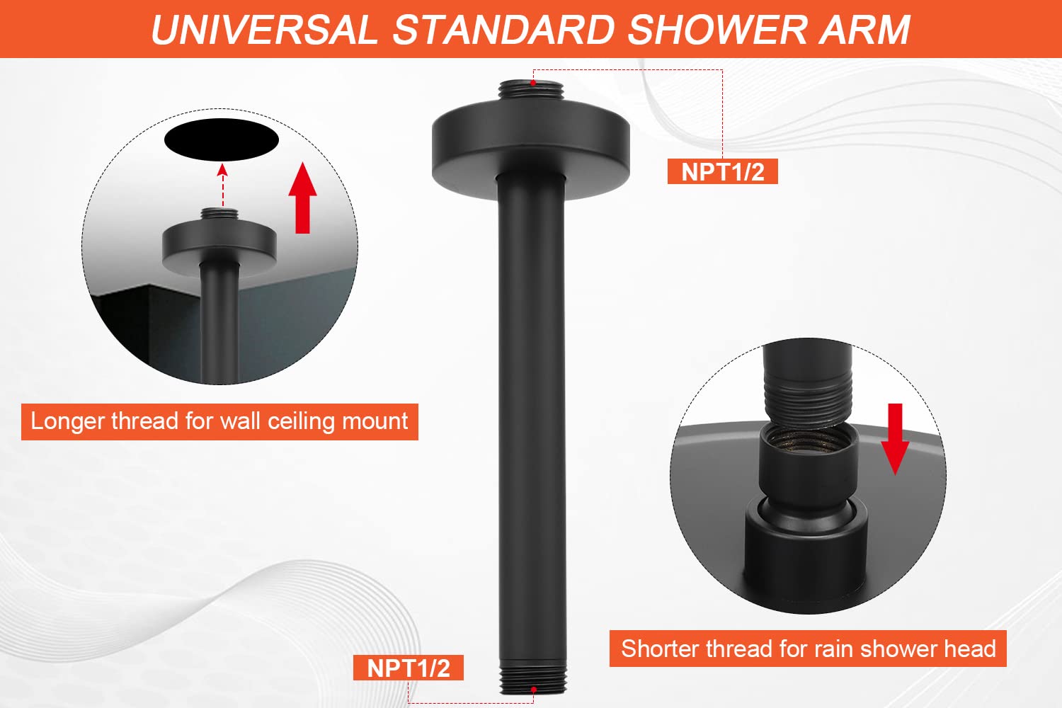 HarJue 16 Inch Matte Black Stainless Steel Ceiling Mount Shower Arm - Rain Shower Extension with Flange & Teflon Tape for Fixed Shower Heads | Bathroom Upgrade for Modern & Spa-Like Showers