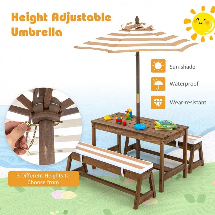 Adjustable Kids Picnic Table Set with Bench & Cushions - Outdoor Play, Garden, Patio Furniture for Children - Brown Height-Adjustable Umbrella Included