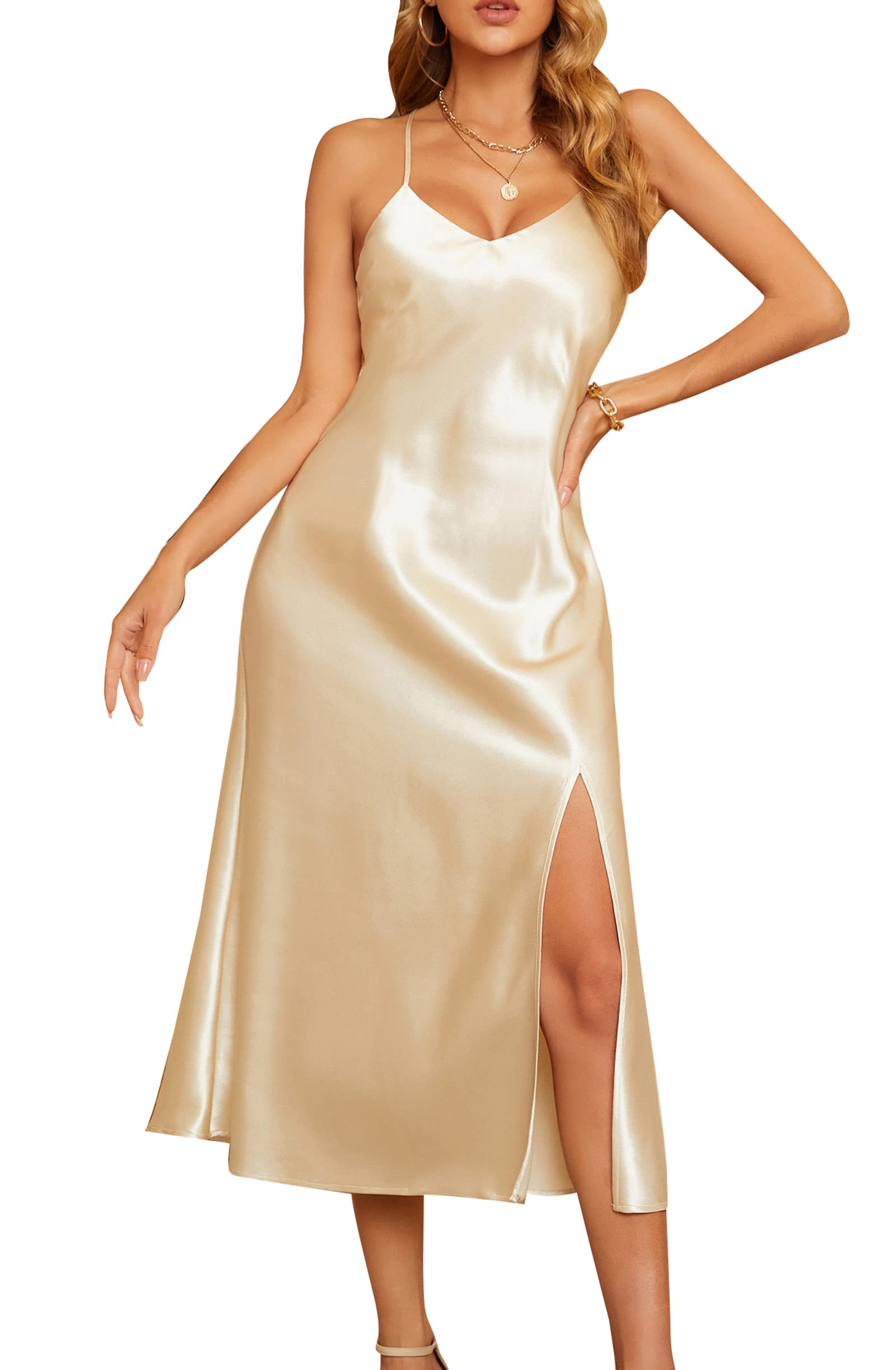 ALCEA ROSEA Women's Satin Backless Spaghetti Strap Cocktail Dress - Elegant Wedding Guest, Evening Party Midi Dress with High Slit | Perfect for Formal Events, Date Nights & Special Occasions