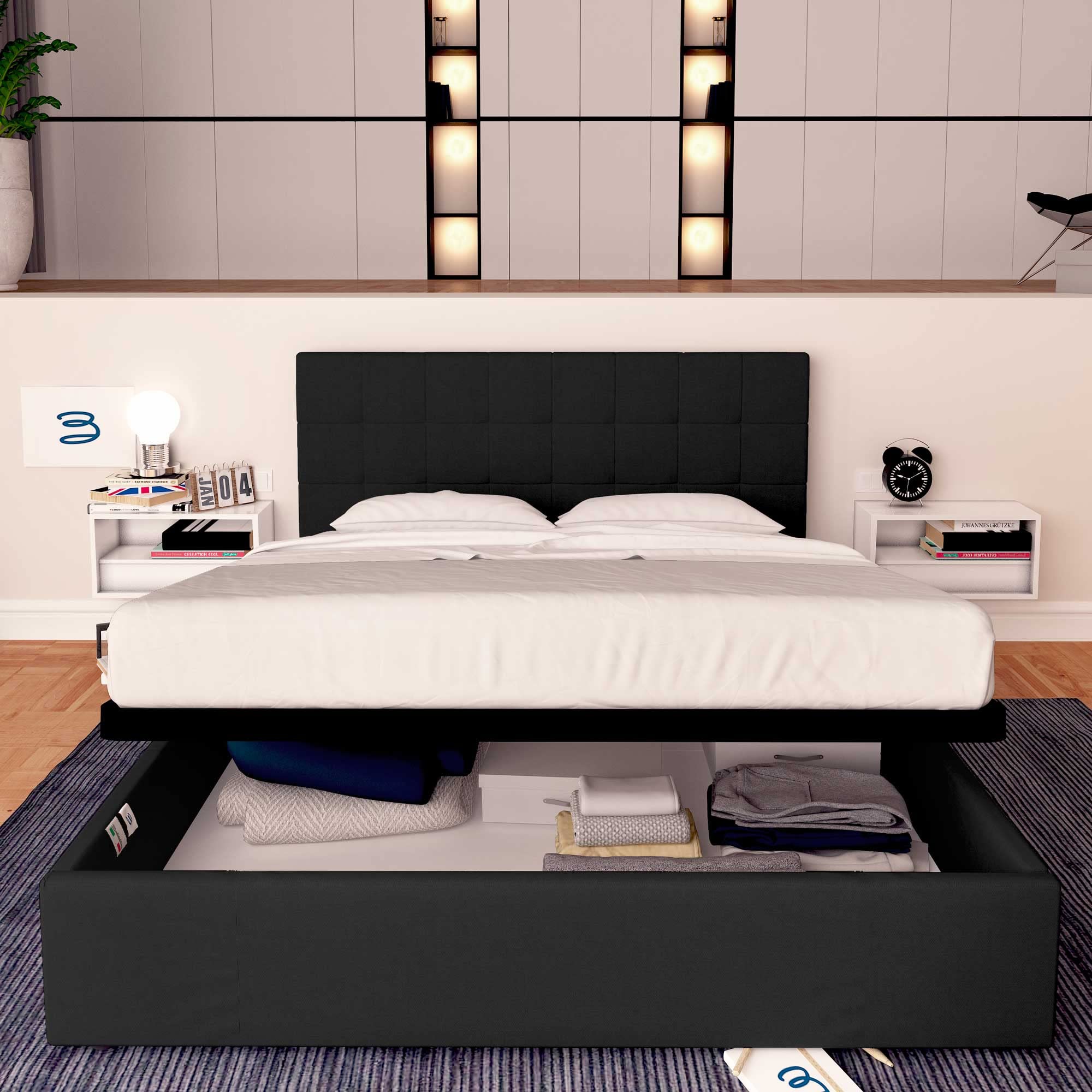 Baldiflex Dublin Fabric King Size Bed Frame with Slatted Base, Storage Drawer, Elegant Headboard - 180x190cm, Black - Perfect for Master Bedrooms & Guest Rooms
