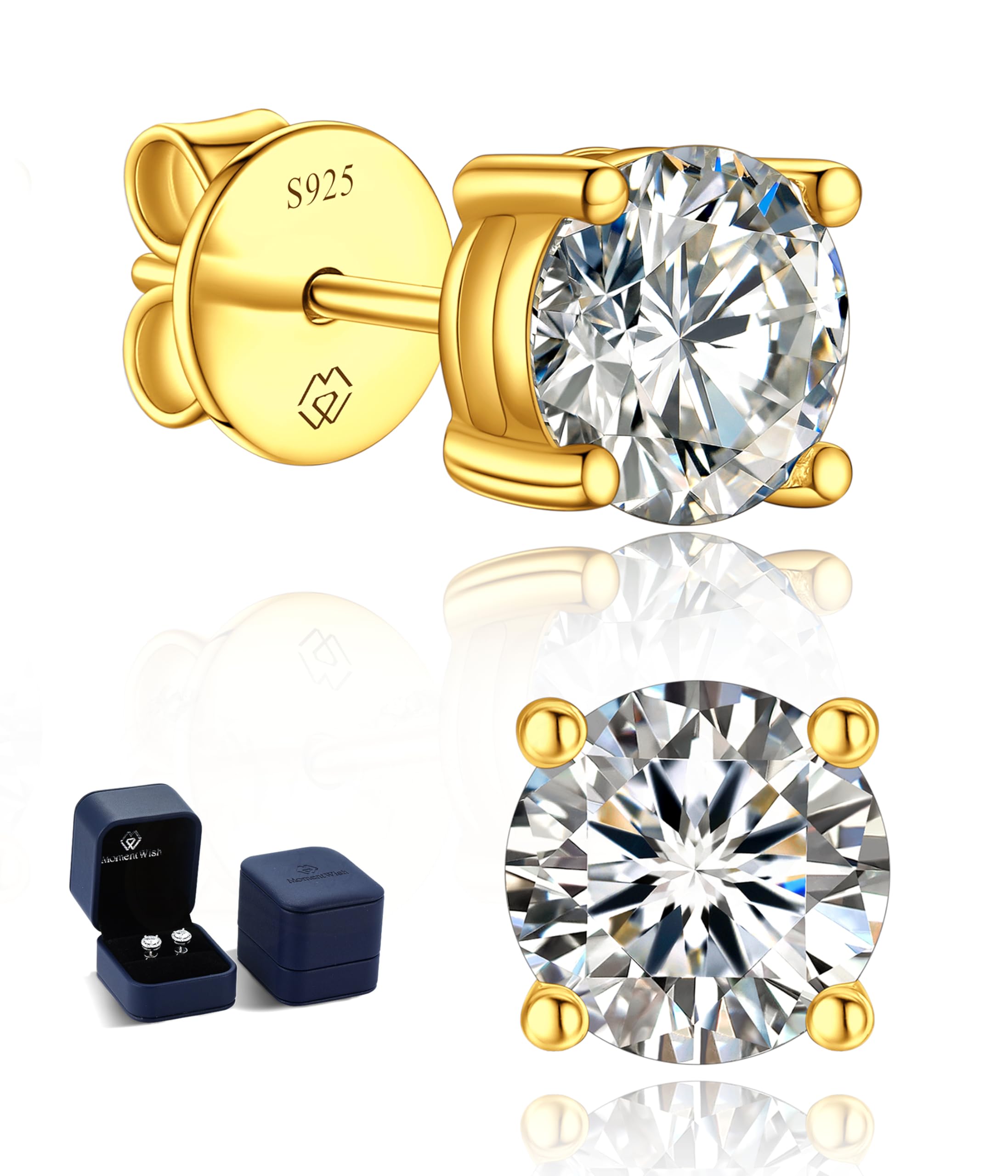 14K Gold Plated Moissanite Stud Earrings for Women - 1-2 Carat Lab Created Diamond Earrings in Yellow/Rose Gold & 925 Sterling Silver - Perfect Birthday Gift, Anniversary Present & Everyday Elegance Jewelry