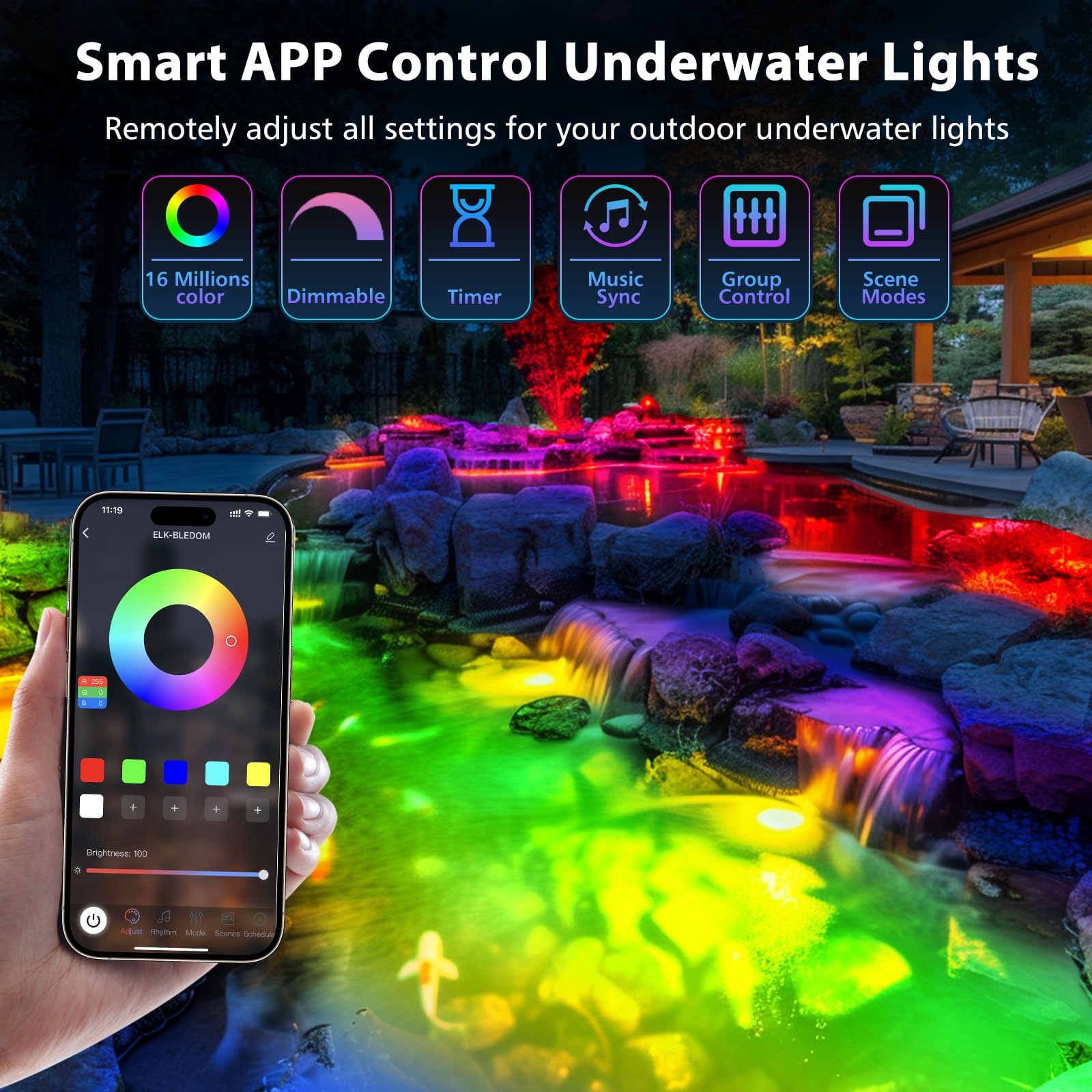 12W RGB LED Pond Lights with APP Control - Dimmable IP68 Waterproof Stainless Steel Underwater Lights for Fountain, Pool & Garden (2x6W, 26ft Cord, 12V Transformer Timer Included) - Perfect for Landscape Lighting, Water Features & Outdoor Decor