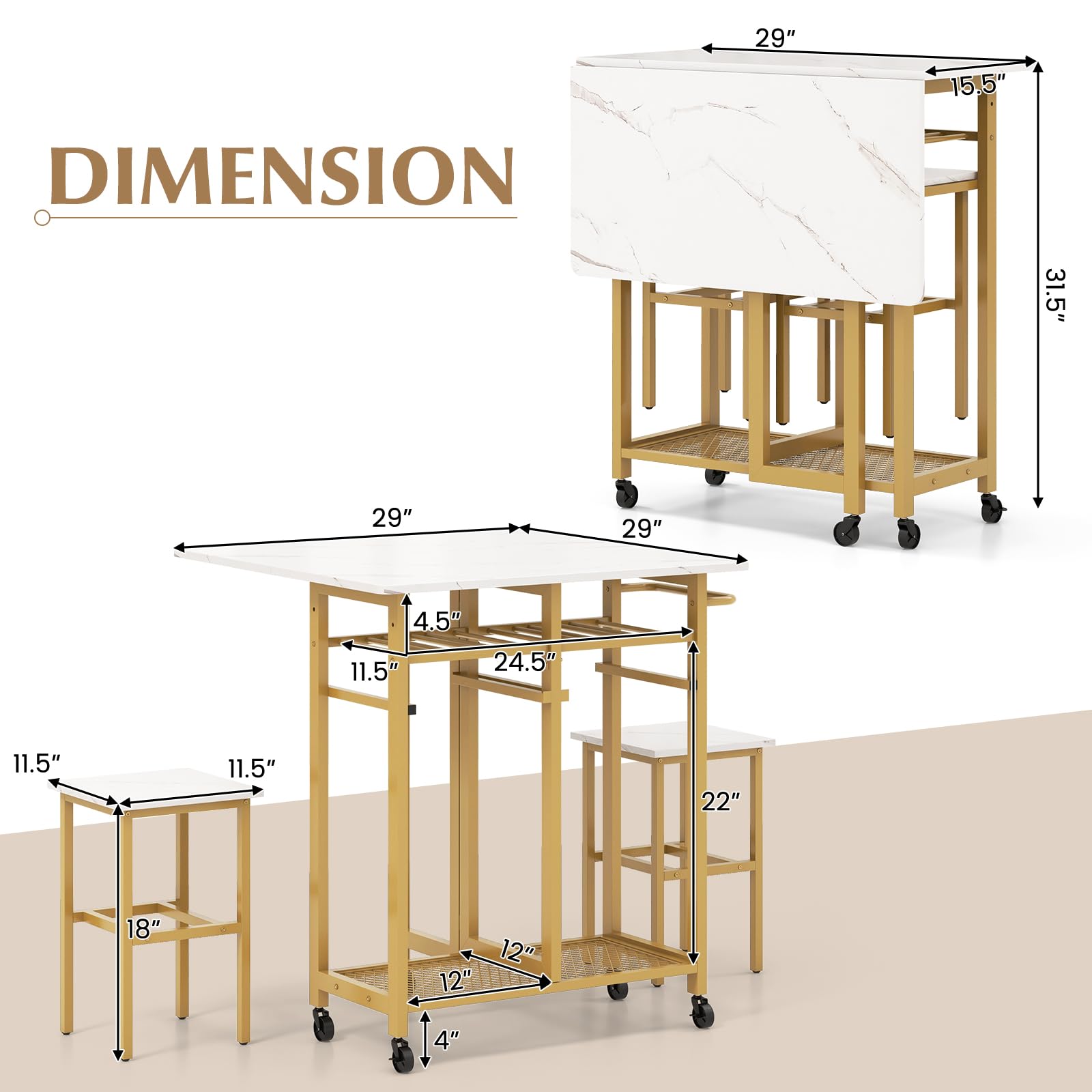 Giantex 3-Piece Extendable Folding Dining Table Set with 2 Stools, 6-Bottle Wine Rack & Storage Shelves - Space Saving Kitchen Table for Small Apartments, Breakfast Nooks & Compact Dining Areas