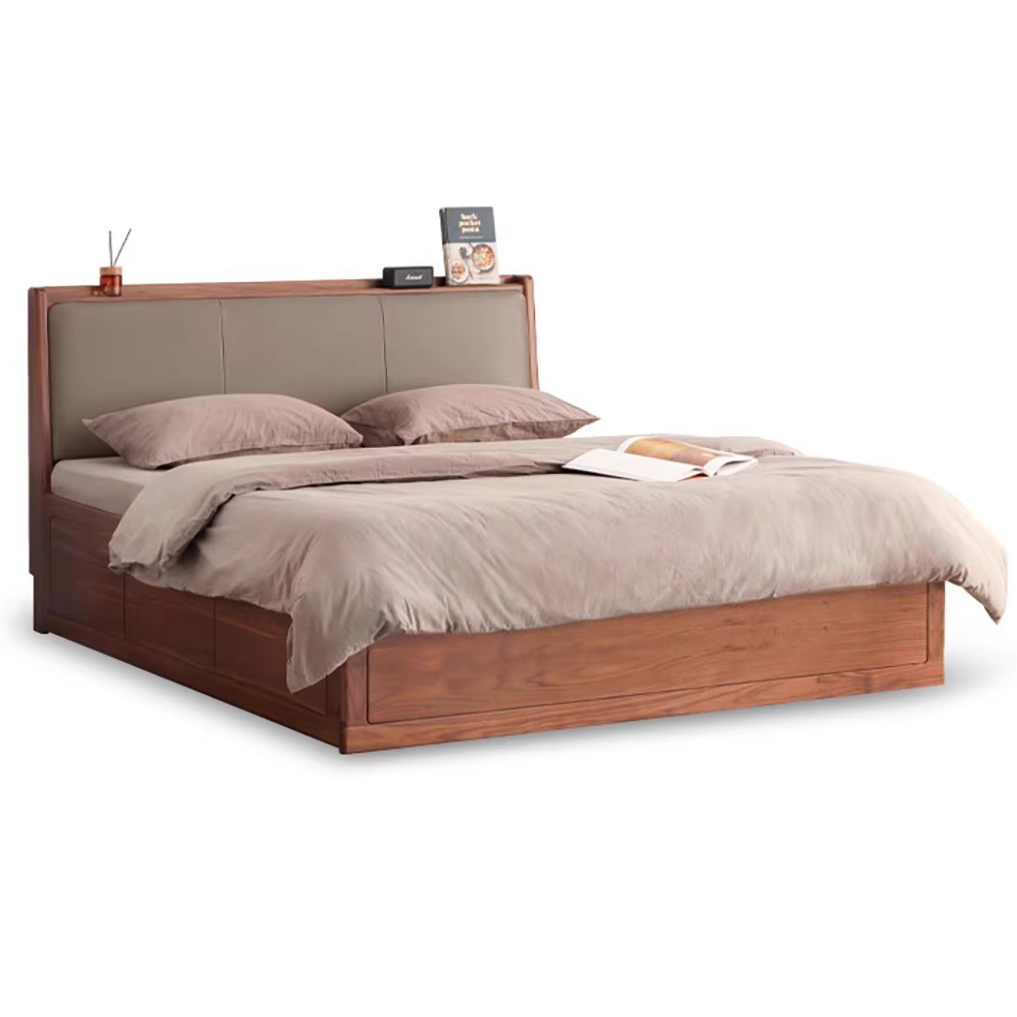 Solid Black Walnut Wood Leather-Upholstered Drawer Box Bed - Nordic Style Platform Bed with Storage for Modern Bedroom