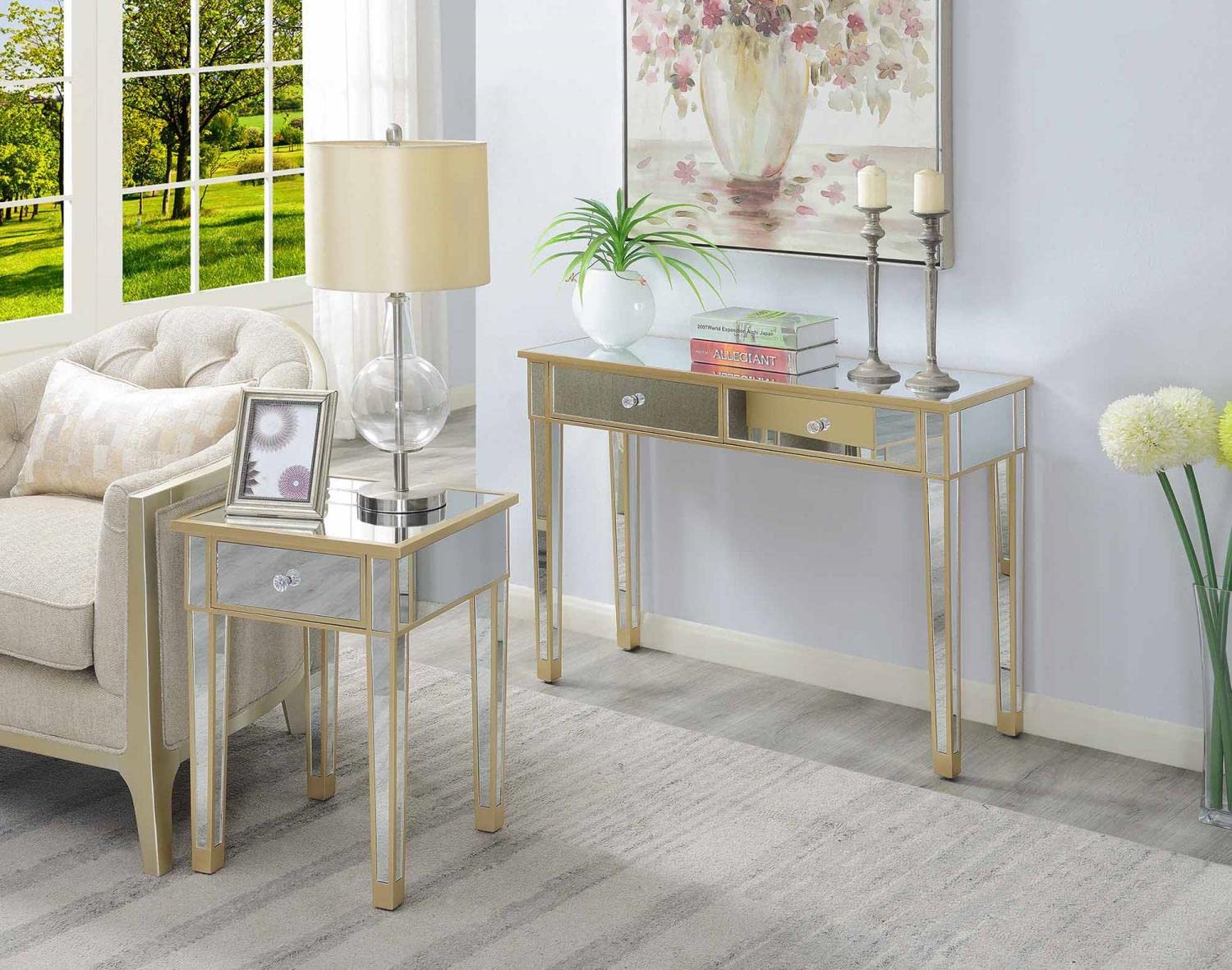 Convenience Concepts Gold Coast Desk - Champagne Finish with Mirror Top | Stylish Home Office & Study Desk for Small Spaces