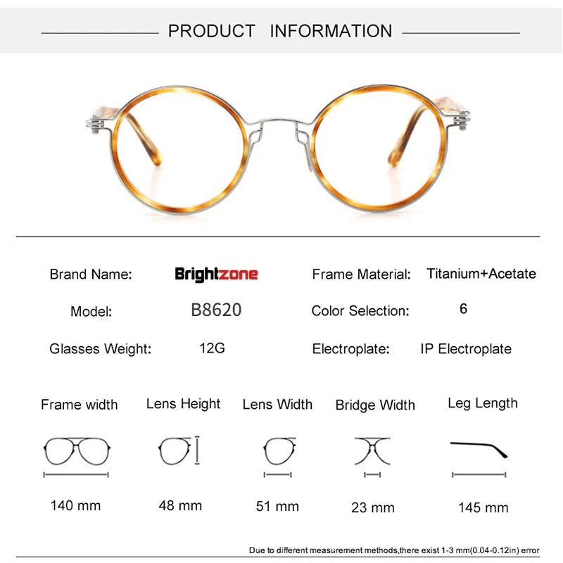 Brightzone Unisex Full Rim Round Acetate Titanium Eyeglasses 75820 - Stylish Lightweight Glasses for Men & Women - Perfect for Reading, Work, and Everyday Wear