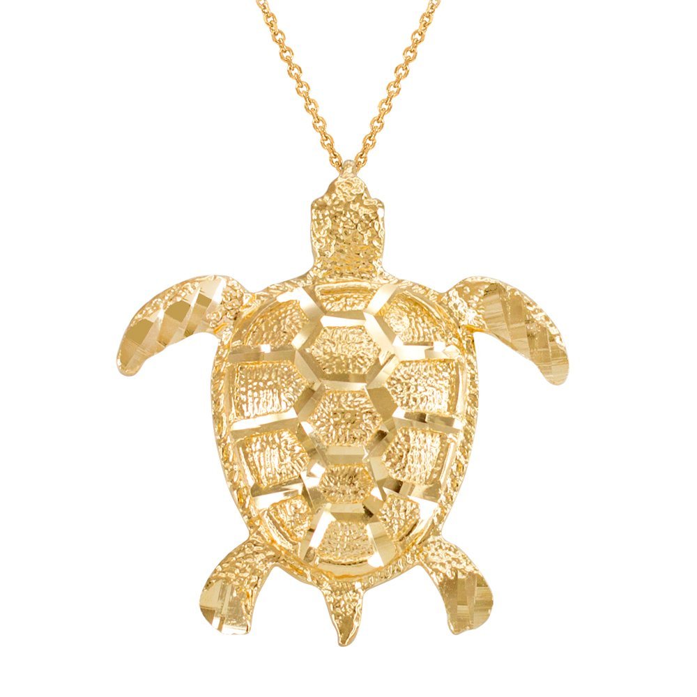 10k Yellow Gold Textured Sea Turtle Pendant Necklace - Lucky Charm Jewelry for Beach Lovers & Ocean Enthusiasts - Perfect for Gifts, Vacations, and Spiritual Protection