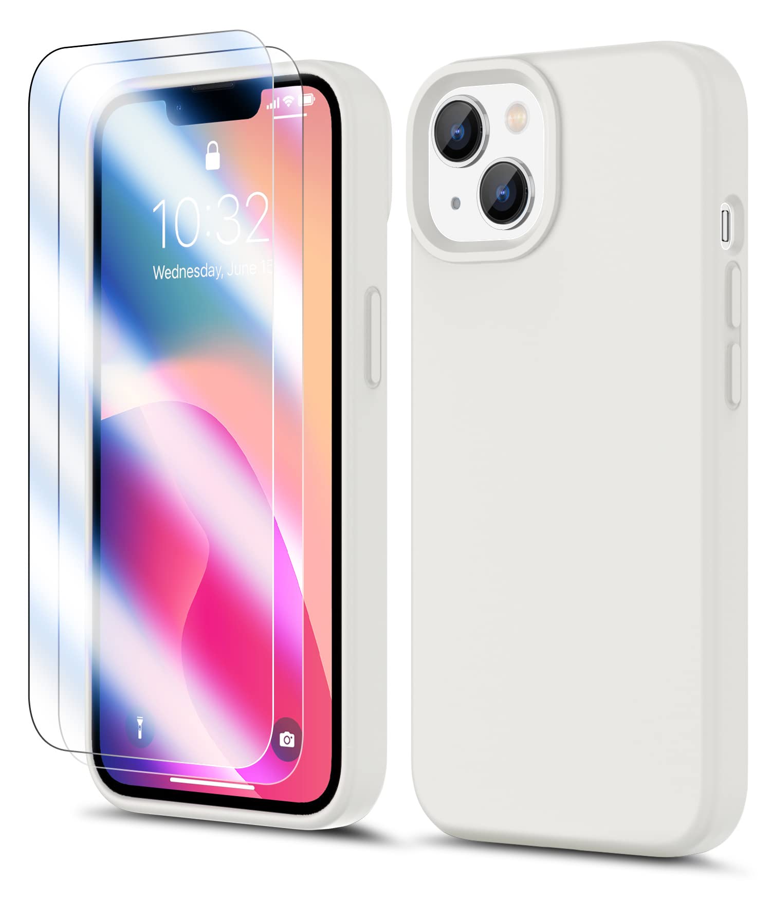ANSHOW iPhone 13 Case with Tempered Glass Screen Protector - Shockproof Liquid Silicone Phone Cover for Women & Men | Anti-Scratch Protective Case in Beige | Perfect for Work, Travel & Everyday Use
