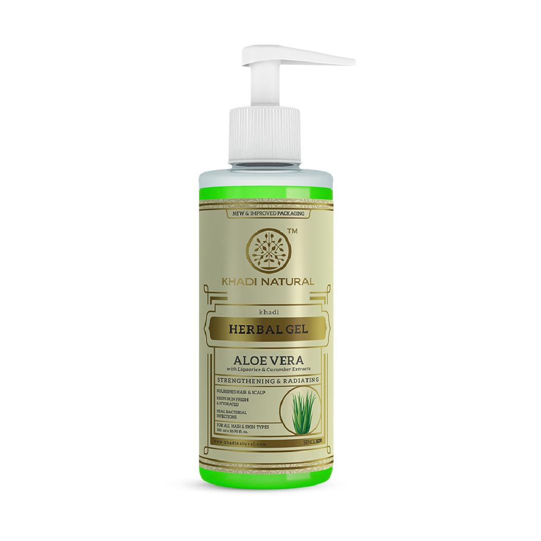 Khadi Natural Herbal Aloe Vera Gel with Pump Dispenser - 500ml Pure Aloe Vera Extract for Face, Body & Hair Care - Non-Sticky, Fast Absorbing Formula for All Skin Types - Perfect for Sunburn Relief, Moisturizing & Skin Hydration
