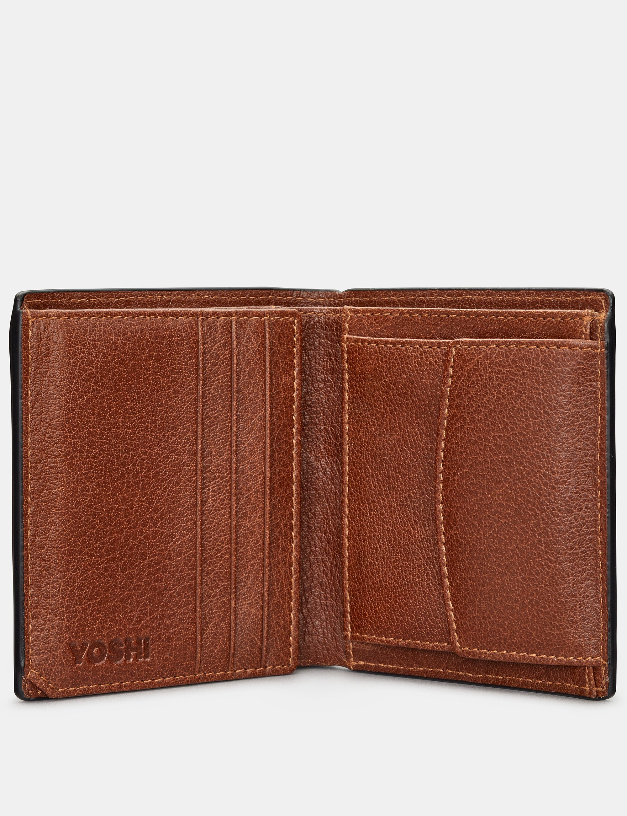 Genuine Brown Leather Two Fold Coin Pocket Wallet for Men - Slim Bifold Wallet with RFID Protection for Everyday Use and Travel