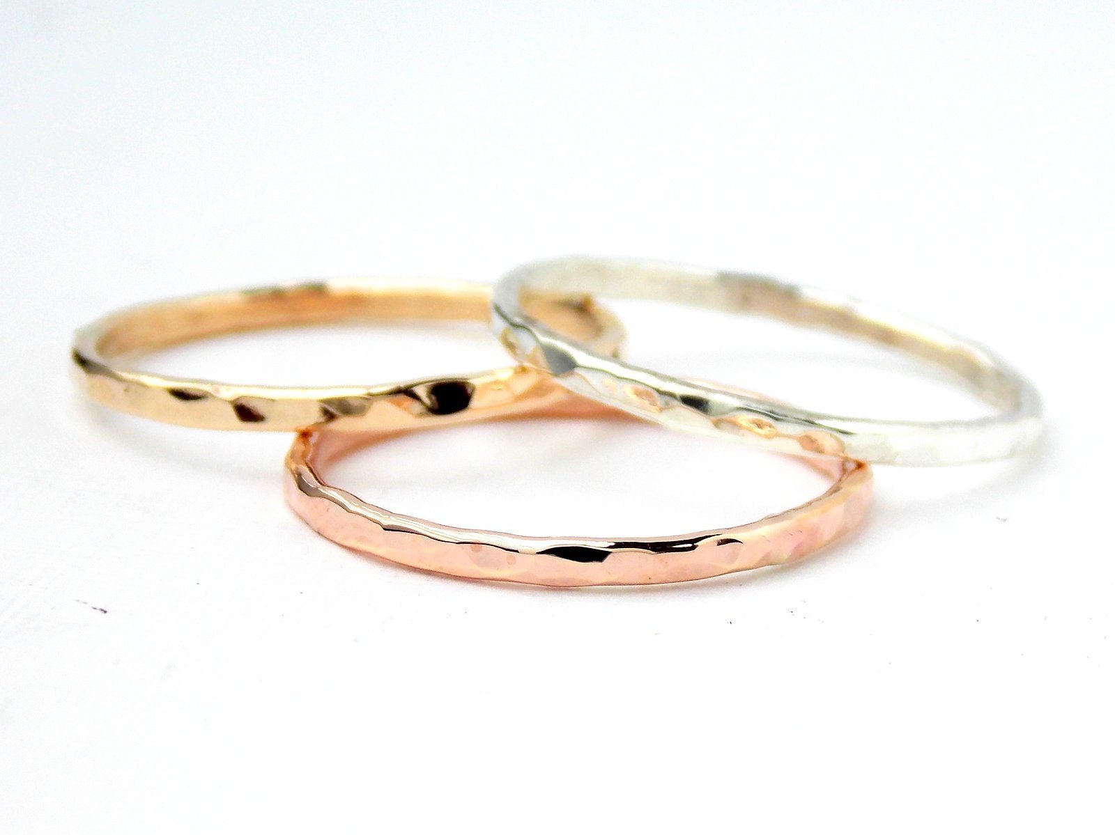 14K Gold-Filled Reflection Stacking Rings Set - Hammered, Dainty, Simple Gold & Silver Skinny Textured Rings for Women | Perfect for Layering, Everyday Wear & Special Occasions