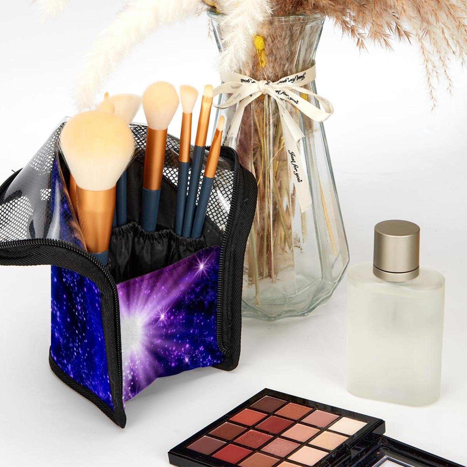 12-Piece Makeup Brush Organizer Bag - Purple Fantasy Universe Design, Portable Travel Cosmetic Brush Holder Case for Professional & Home Use