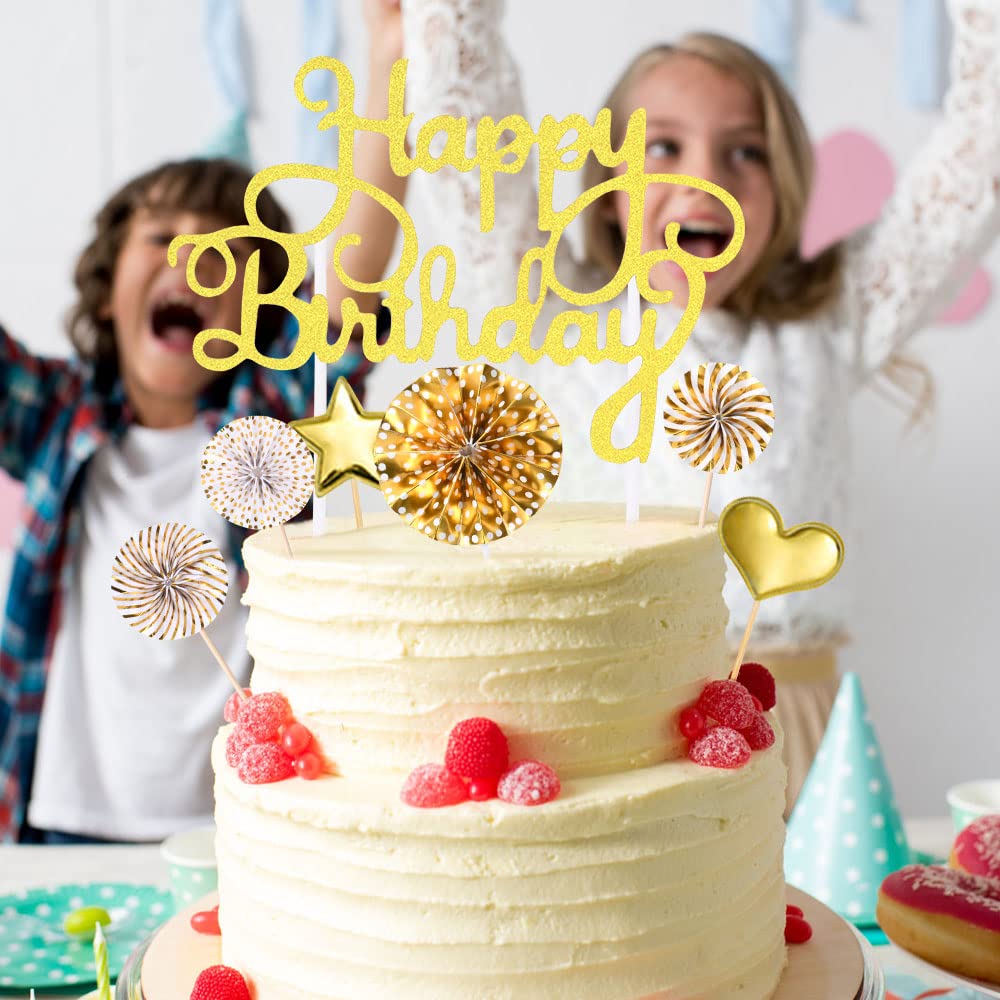 OSDUE 16-Piece Gold Birthday Cake Toppers Set with Balloons & Stars - Elegant Cake Decorations for Girls' Birthday Parties, Baby Showers & Special Celebrations