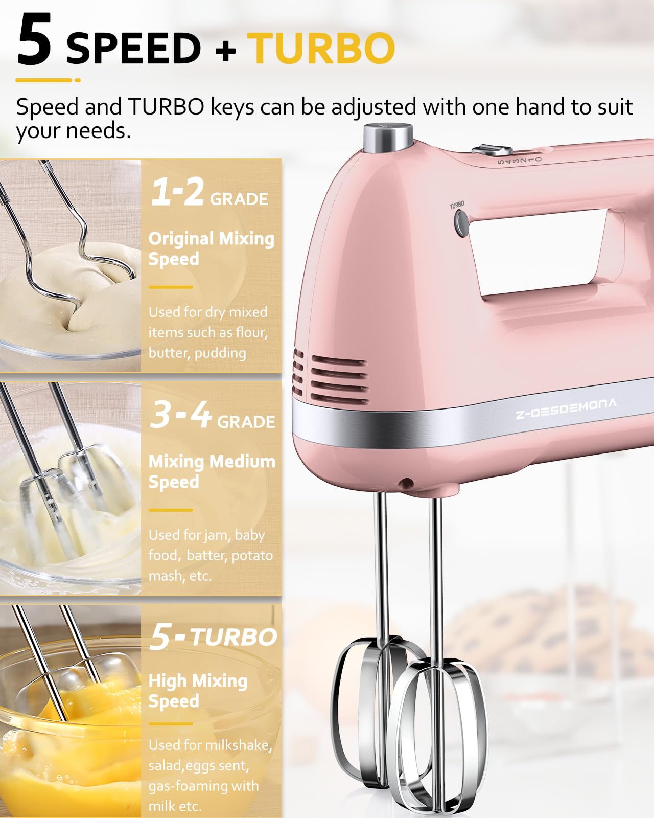 300W Powerful Electric Hand Mixer with 304 Stainless Steel Beaters & Dough Hook - Turbo Speed Handheld Mixer for Baking Cakes, Whipping Cream, Mixing Eggs - Perfect for Home Kitchen, Professional Baking & Dessert Making (Pink)