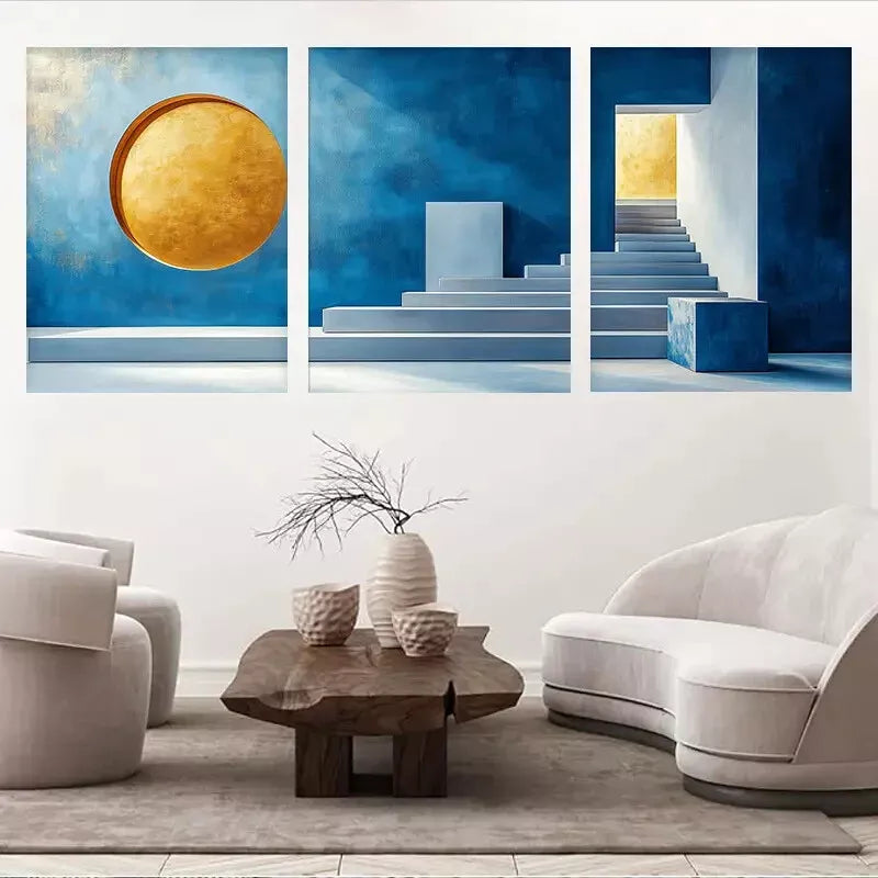 3-Piece Blue & Golden Abstract Space Themed Wall Art Set - Framed Canvas 50x70cm (20x28in) - High Quality Print, 100% Australian Made, Ready to Hang - Perfect for Living Room, Bedroom & Office Decor