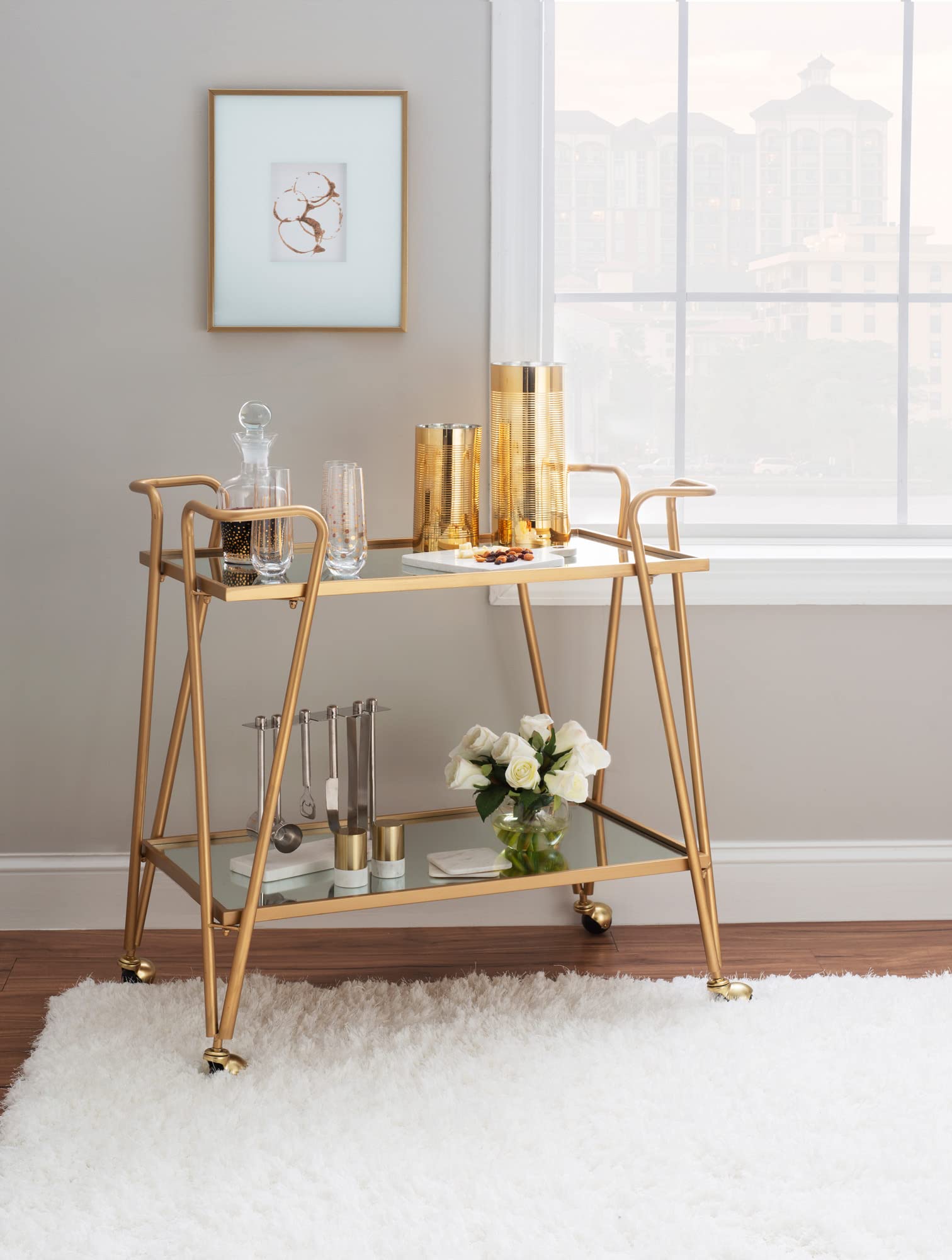 Linon Gina Mid-Century Bar Cart with Wheels - Gold Metal Rolling Drink Cart for Home Bar, Living Room, Kitchen & Outdoor Entertaining