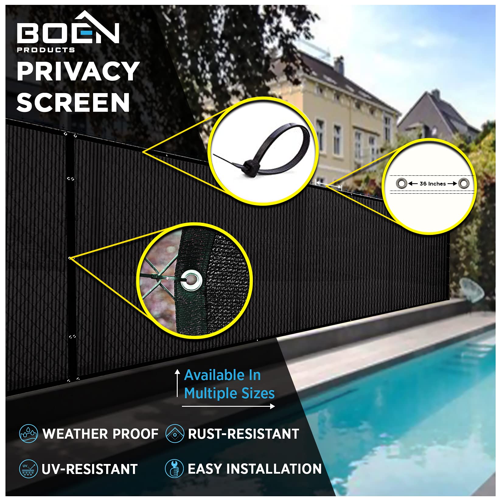 Boen 6' x 15' Black Backyard Privacy Screen Fence Cover - Instant Outdoor Windproof Shade Solution for Metal, Chain Link, Wood & Plastic Fencing - Perfect for Patio, Deck, Pool Area & Garden Privacy Protection