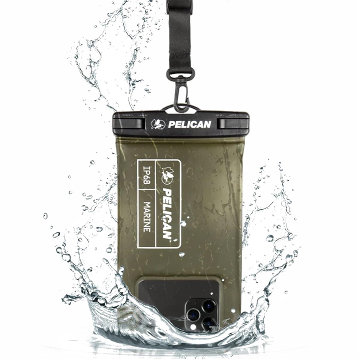 **Pelican Marine IP68 Waterproof Phone Pouch – Floating Waterproof Phone Case for iPhone, Samsung & All Smartphones – Detachable Lanyard – Perfect for Beach, Cruise, Swimming & Outdoor Activities – Olive Green**