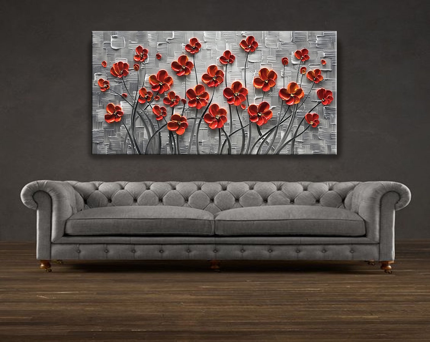 YaSheng Art - Hand-Painted 3D Oil Painting on Canvas, Red Flowers Modern Abstract Artwork, Stretched and Framed Ready to Hang (24x48 Inch) - Perfect for Living Room, Bedroom, Office & Home Decor Wall Art