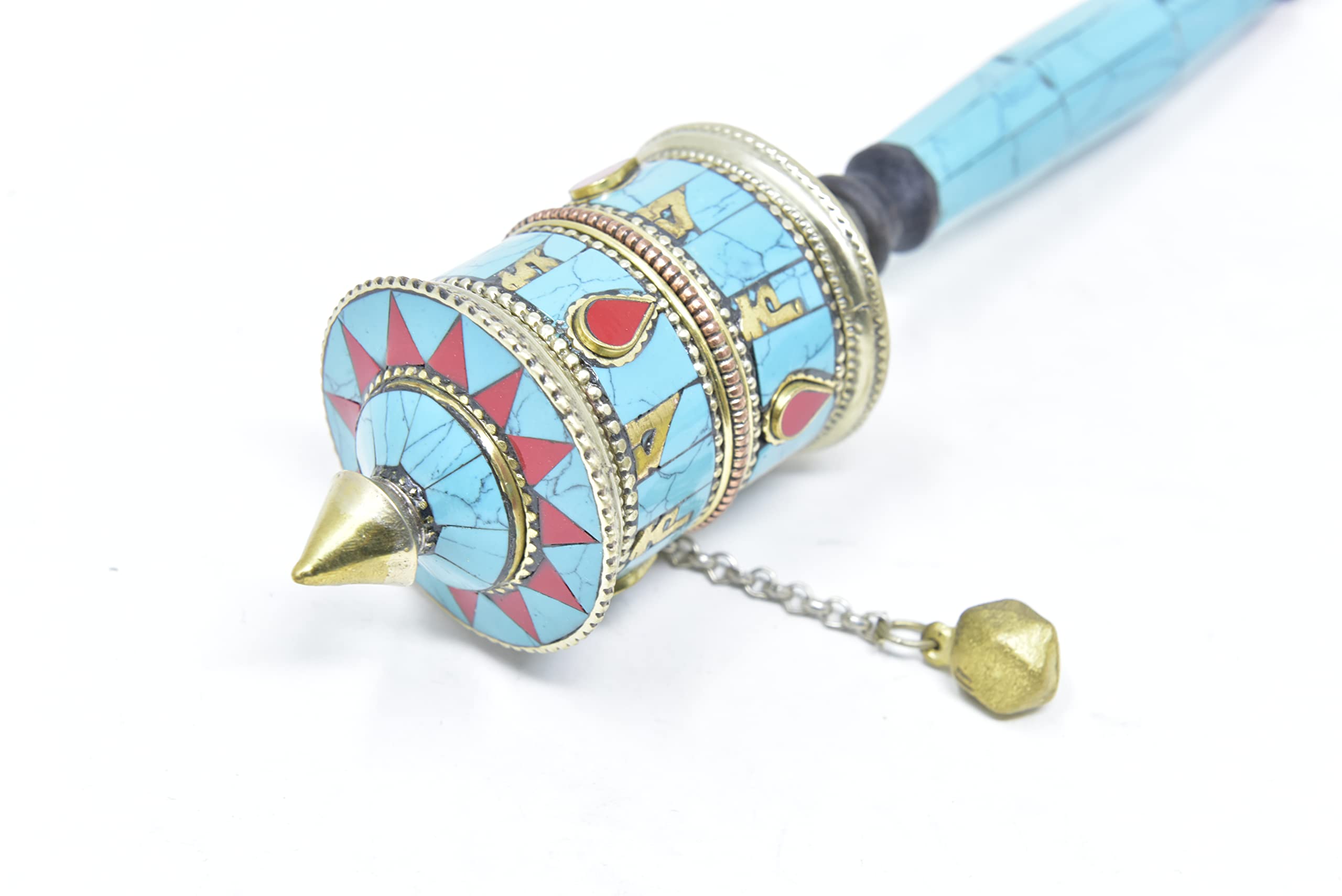 Authentic Tibetan Buddhist Prayer Wheel with Turquoise Coral - Handcrafted Spiritual Meditation Tool for Home Altar & Yoga Practice