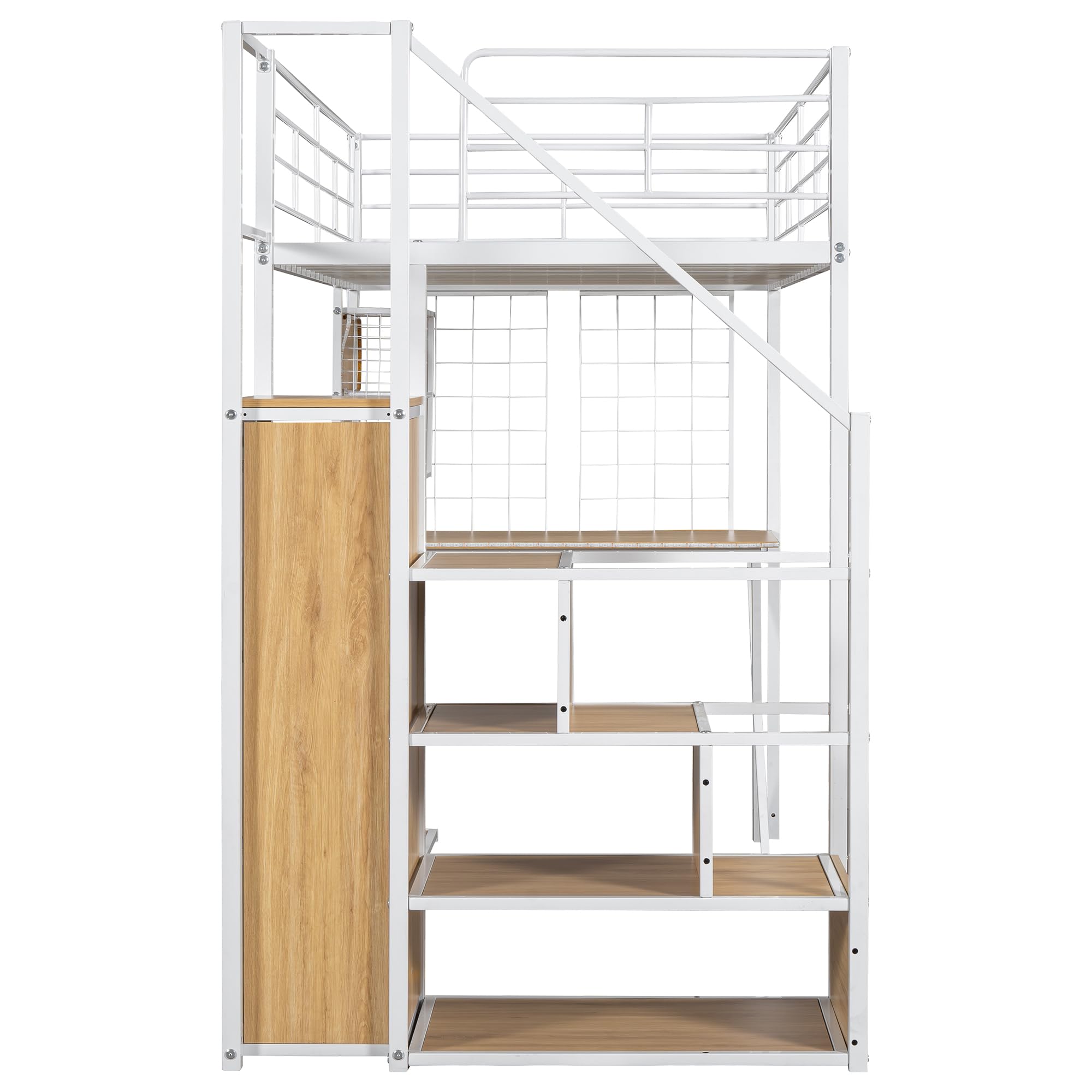LZ LEISURE ZONE Twin Size Metal Loft Bed with Built-in Desk, Wardrobe, Storage Stairs & LED Lights - White | Space-Saving Bedroom Furniture for Teens, College Dorms & Small Apartments