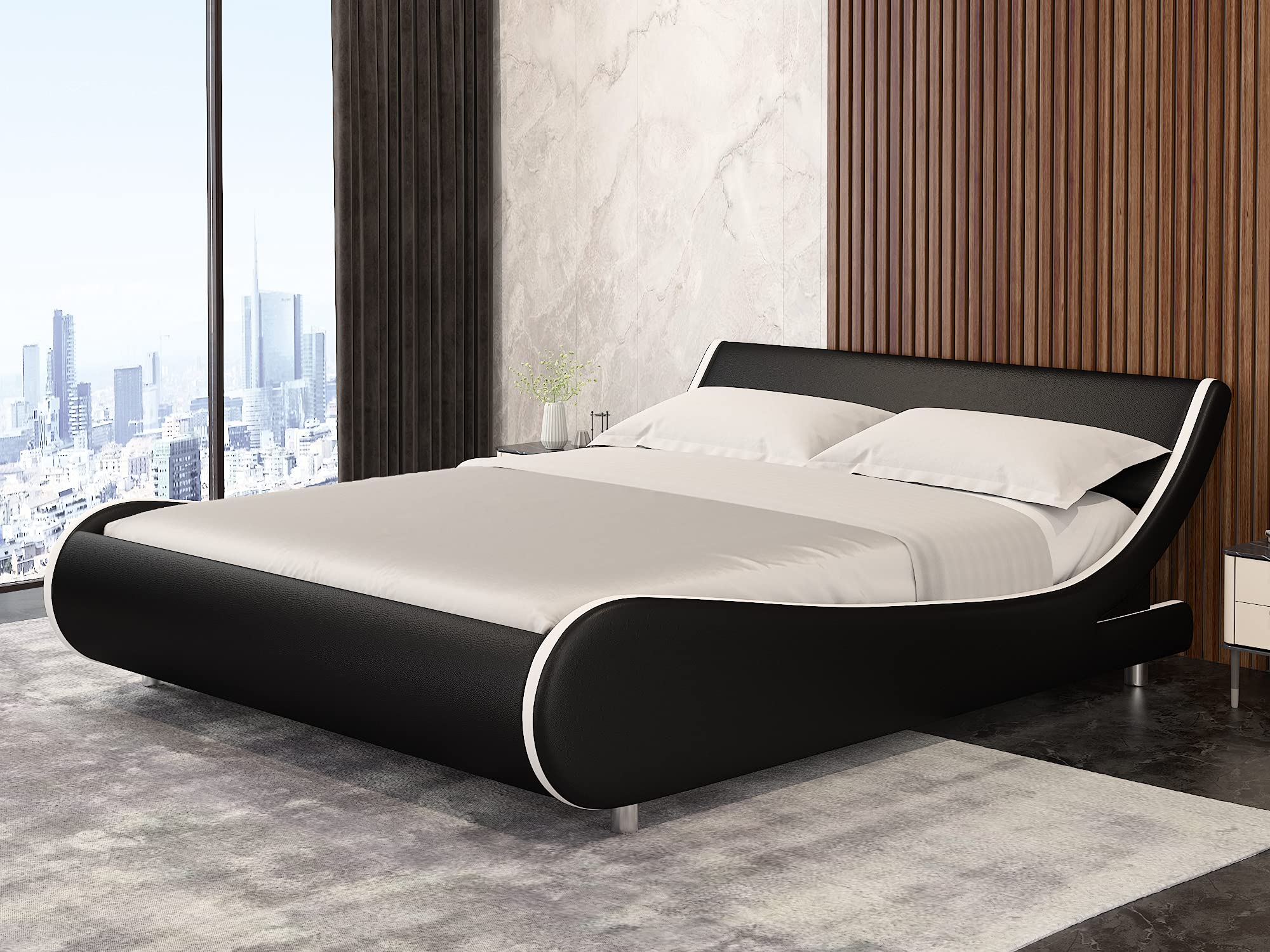 Modern Full Upholstered Platform Bed Frame with Adjustable Headboard - Low Profile Faux Leather Bed Frame, No Box Spring Needed, Easy Assembly, Black - Perfect for Small Bedrooms, Guest Rooms & Modern Apartments