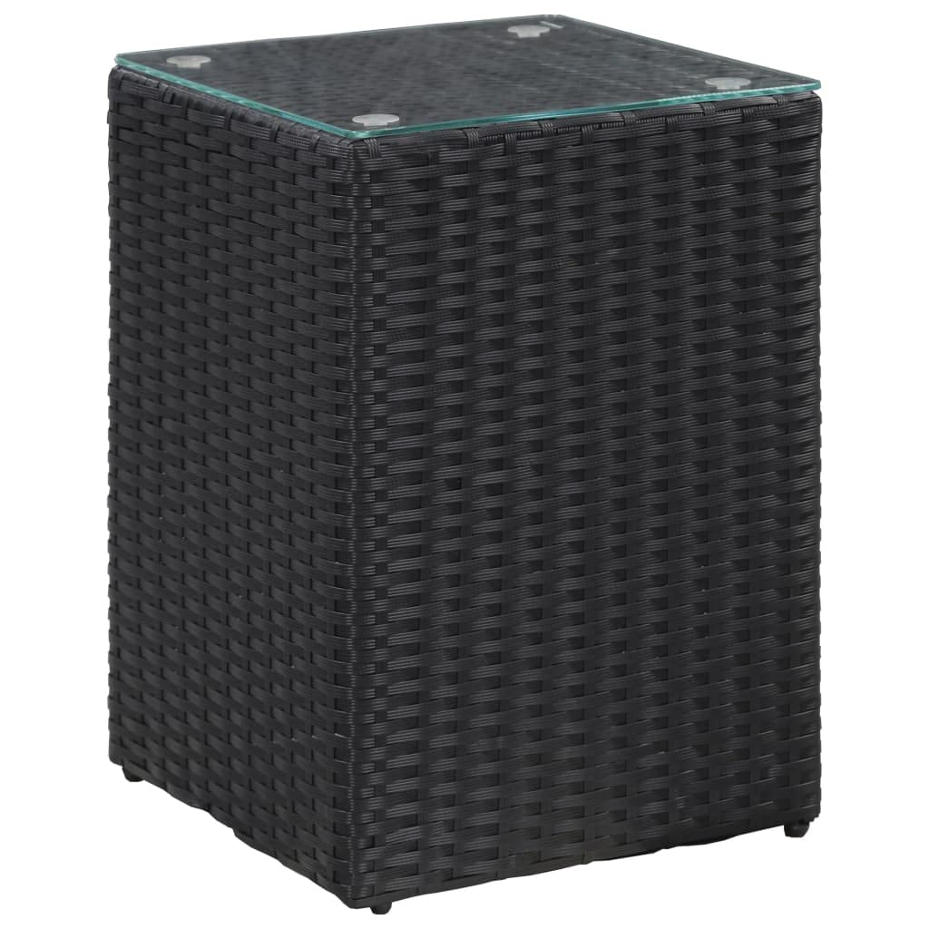 SKM Modern Side Table with Glass Top - Black Poly Rattan Accent Table 13.8
