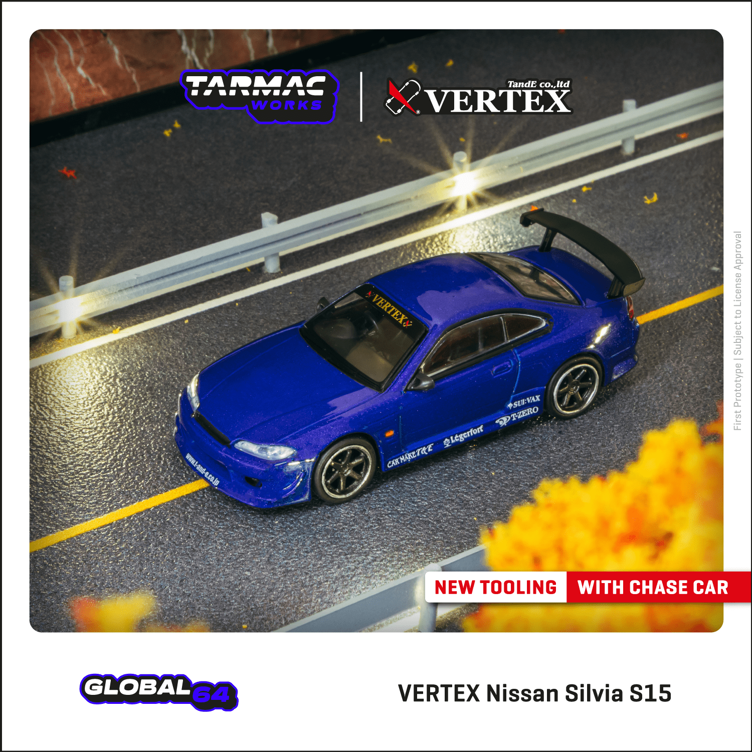 Tarmac Works 1:64 Scale Nissan Silvia S15 Vertex Edition Diecast Model Car - Blue Metallic Finish | Collectible Toy for Display, Racing Games & Car Enthusiasts