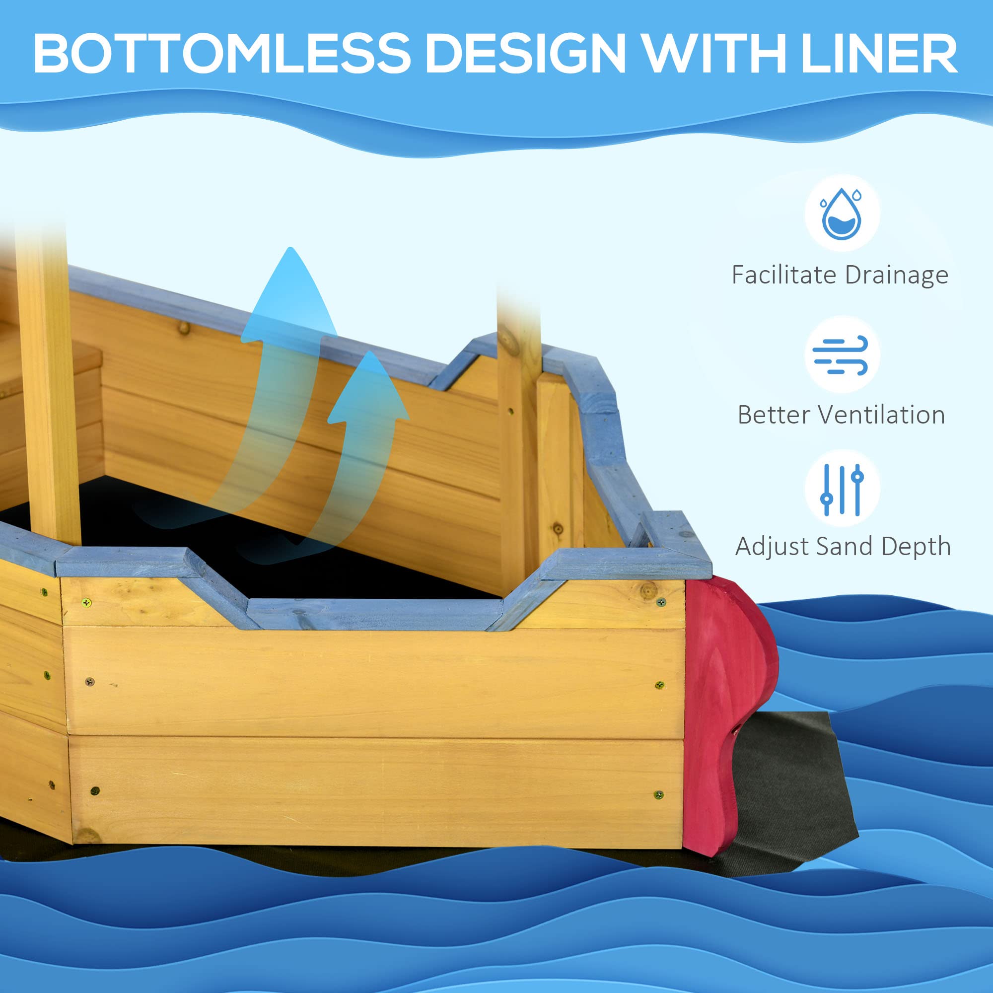Outsunny Pirate Ship Sandbox with Cover & Rudder - Wooden Outdoor Sandbox with Storage Bench & Seat - Kids Sand Play Toy for Ages 3-8 - Perfect for Backyard, Garden & Playground Fun