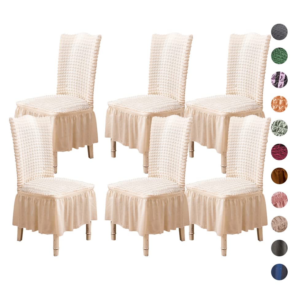 6-Piece Stretch Dining Chair Covers with Skirt - Washable & Removable Slipcovers for Kitchen, Home, Wedding - Protects from Kids & Pets (White) - Perfect for Everyday Use, Parties & Special Events