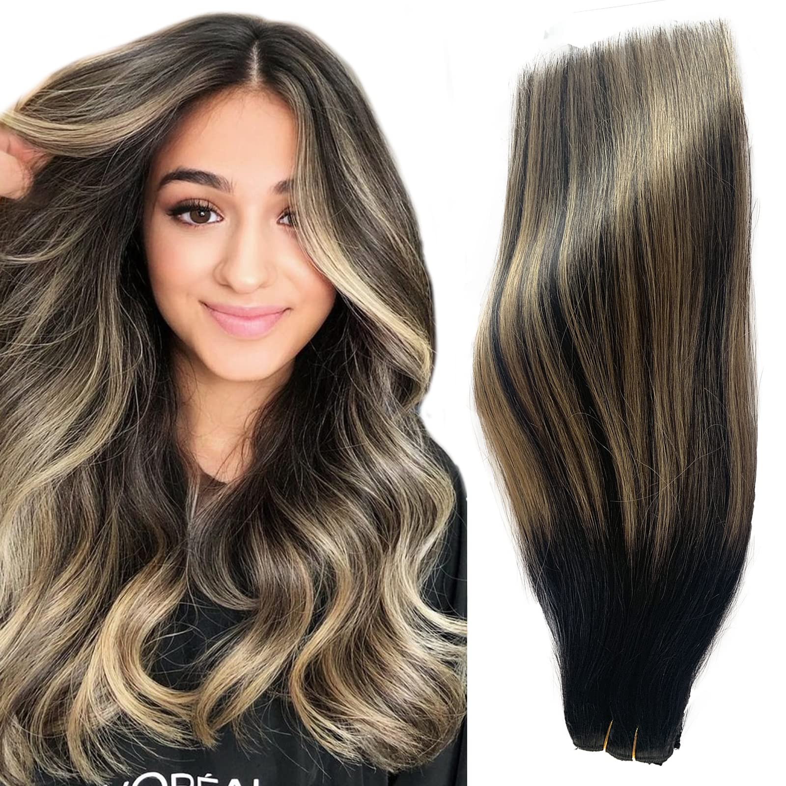Licoville 4PCS Clip-in Human Hair Extensions 16 Inch - 100G Thick Straight Blonde Ombre Balayage (Black to Caramel Blonde) - Real Remy Hair for Thin Hair - Natural Look & Invisible Lace Clips - Perfect for Daily Wear, Parties & Special Occasions
