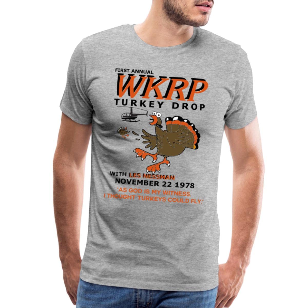 Spreadshirt® WKRP Turkey Drop T-Shirt for Men | Funny Thanksgiving Graphic Tee | Casual Holiday Party Outfit & Gift Idea