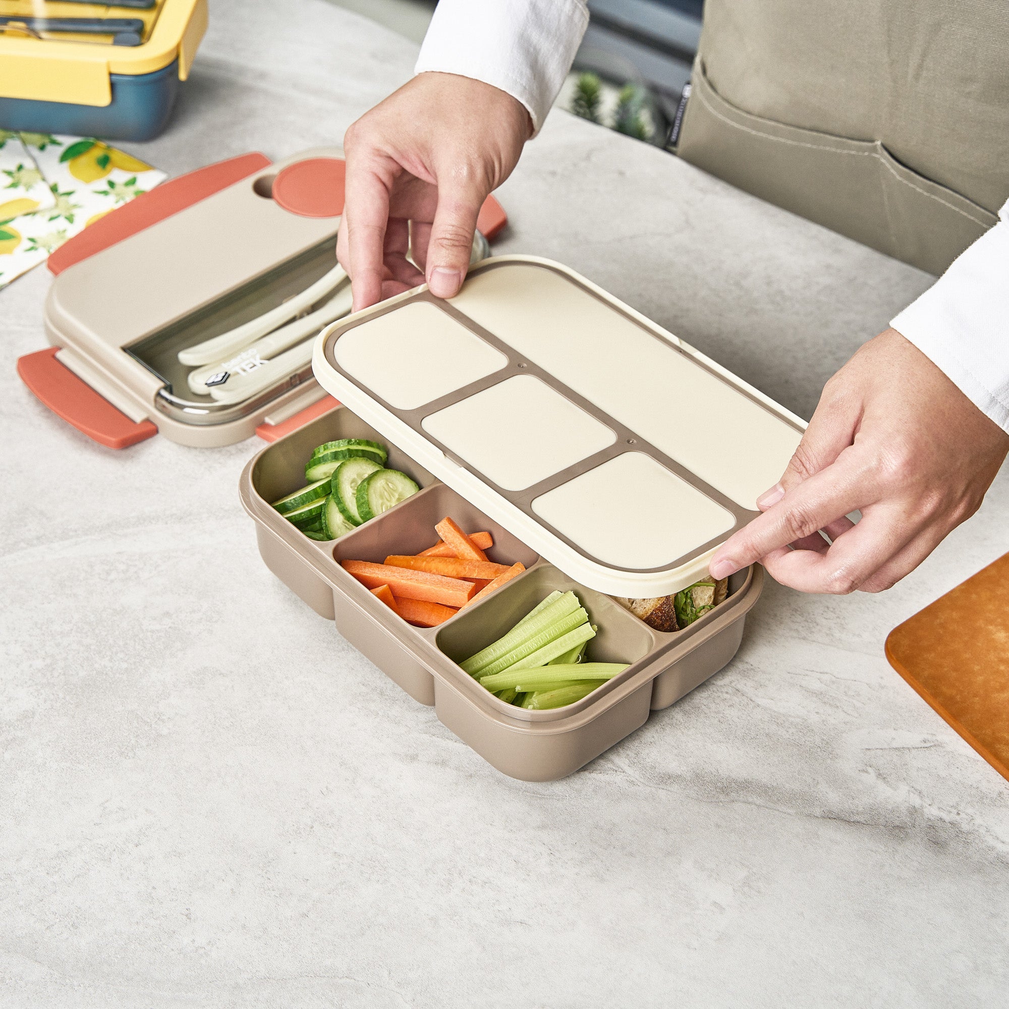Bento Tek 44 oz BPA-Free Microwave Safe Lunch Box with Utensils - Brown & Orange (9
