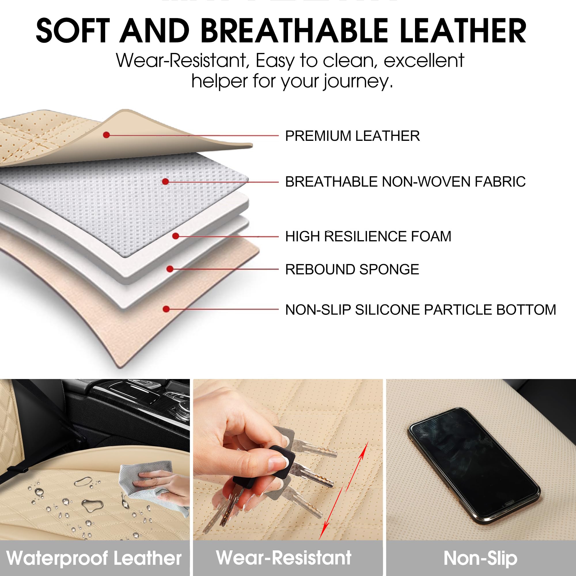 2PCS Premium Leather Front Car Seat Covers Set with Steering Wheel Cover & Seat Belt Pads - Universal Fit for 95% Vehicles, Waterproof & Anti-Slip (Beige) - Perfect for Daily Commute, Road Trips & Car Protection
