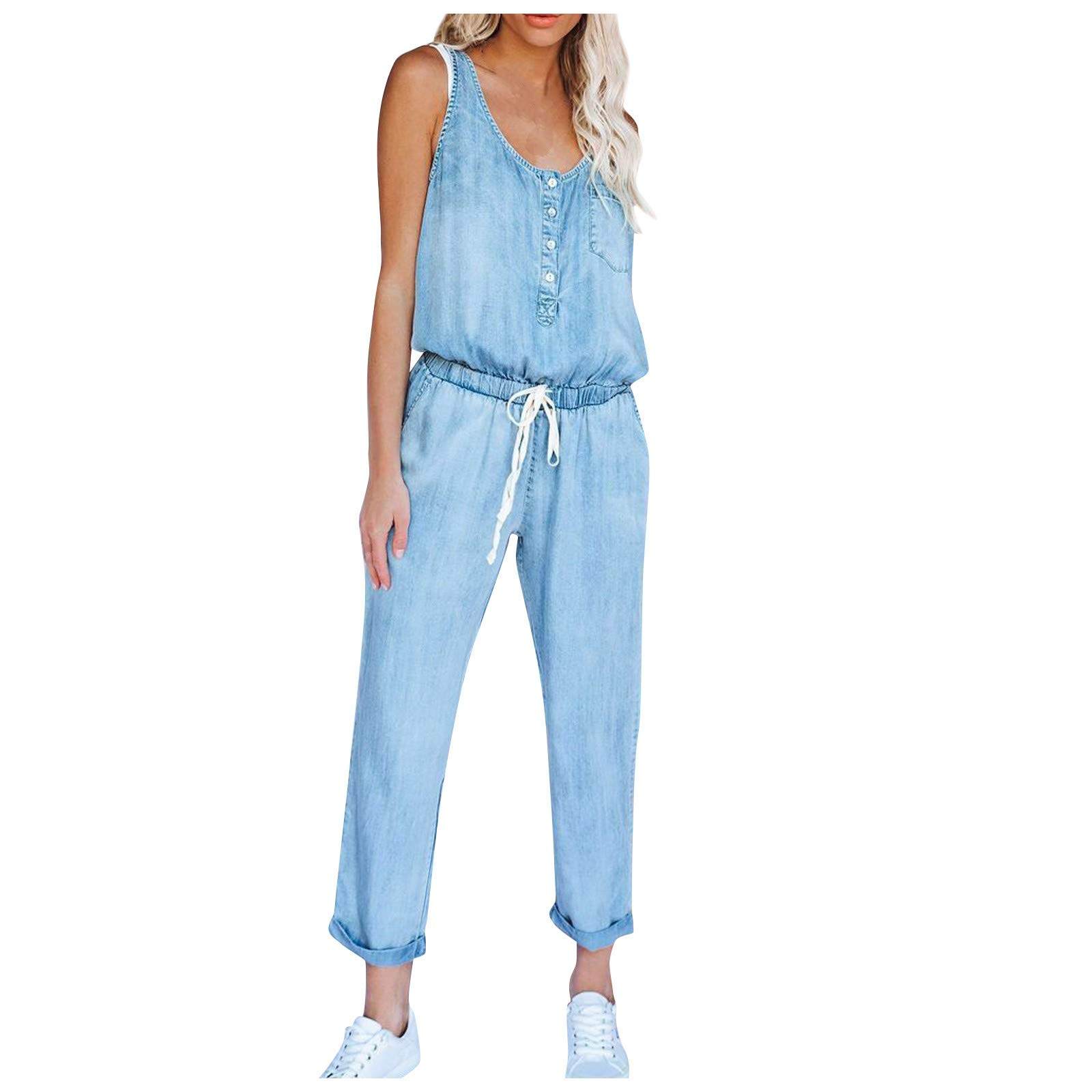 Women's Classic Stretch Denim Jumpsuit Romper - Comfortable Long Pants Overalls for Casual Wear, Date Night & Outdoor Activities