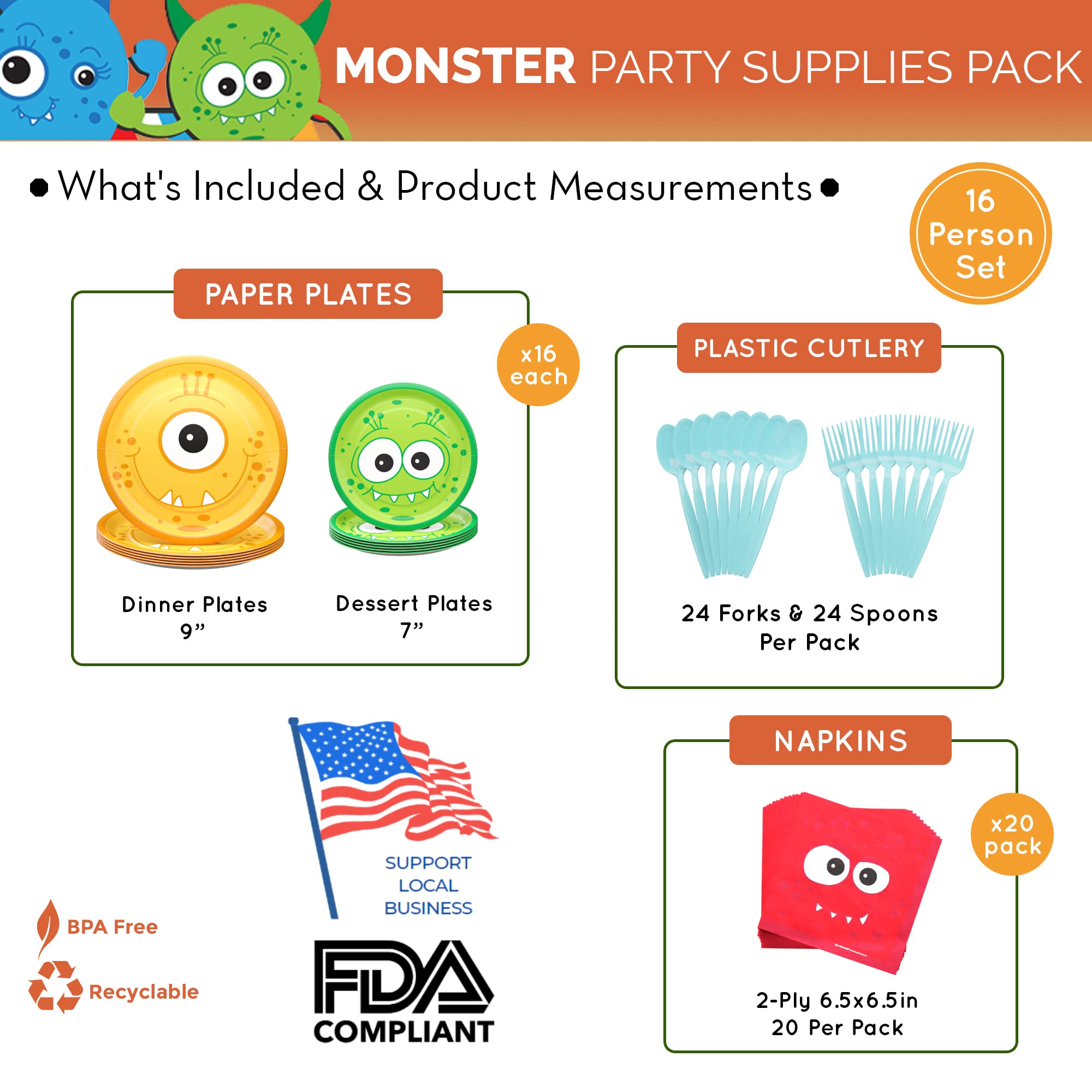 Monster Party Supplies Pack - 100 Pieces for 16 Guests | Monster Birthday Decorations, Plates & Napkins Set | Halloween Party Decor, 1st Birthday Theme | Perfect for Kids Birthday Parties & Halloween Celebrations
